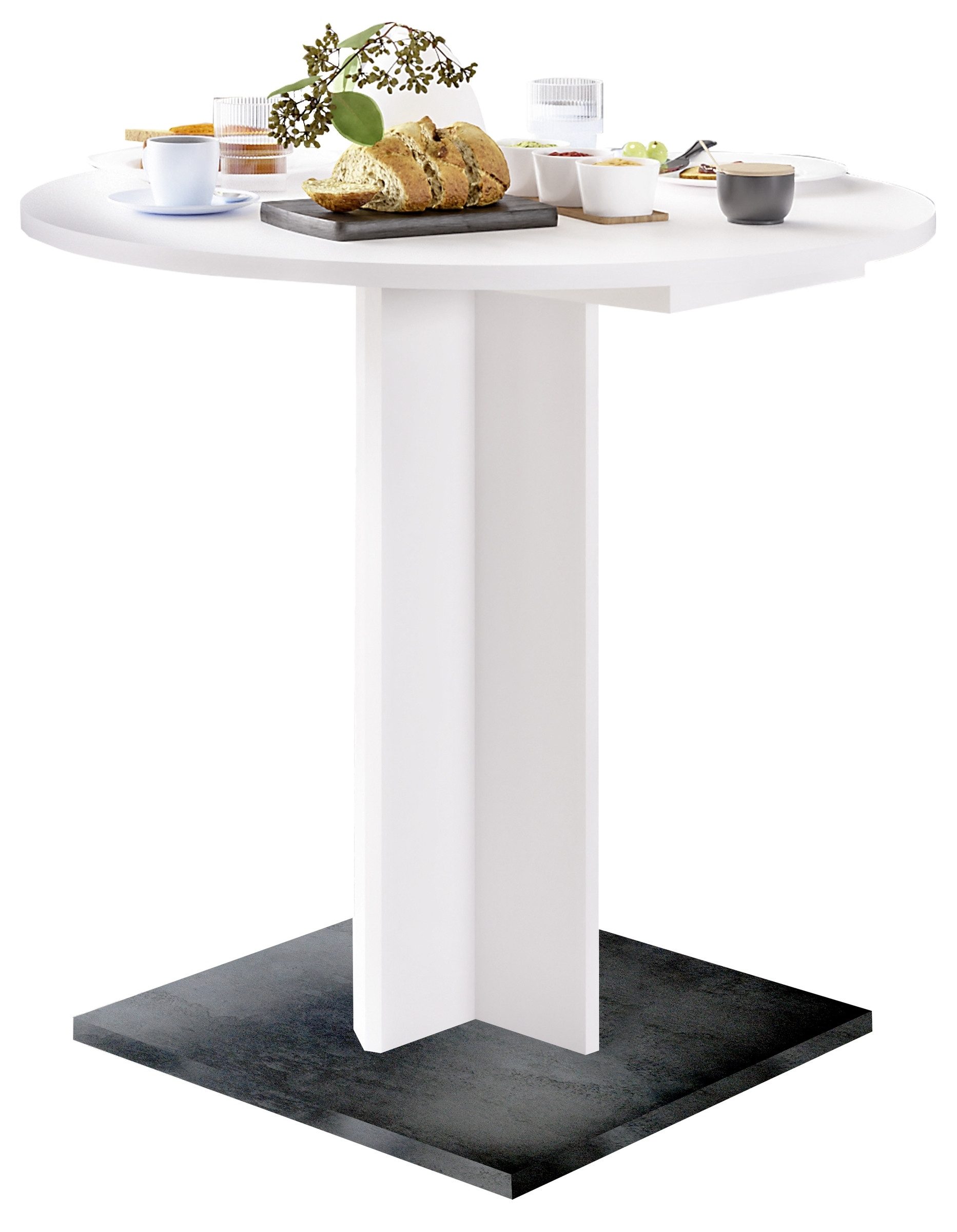 Mäusbacher Kulissentisch rund, ausziehbar, weiss matt / schwarzstahl - 80/120x75 (D/BxH)