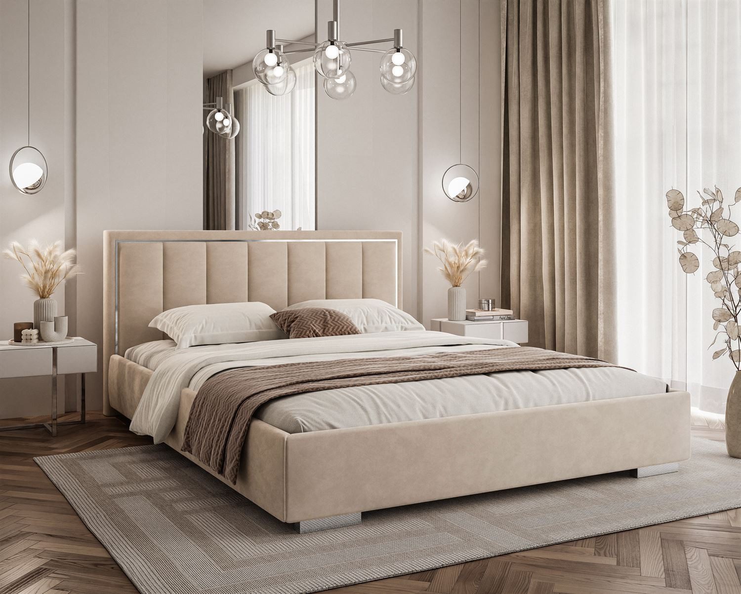 Lookway Polsterbett AURELIA SILVER mit Bettkasten, Metallrahmen und 123 cm hohem Kopfteil (Bett mit Metallgestell), Bett in 4 Größen und 5 Farben