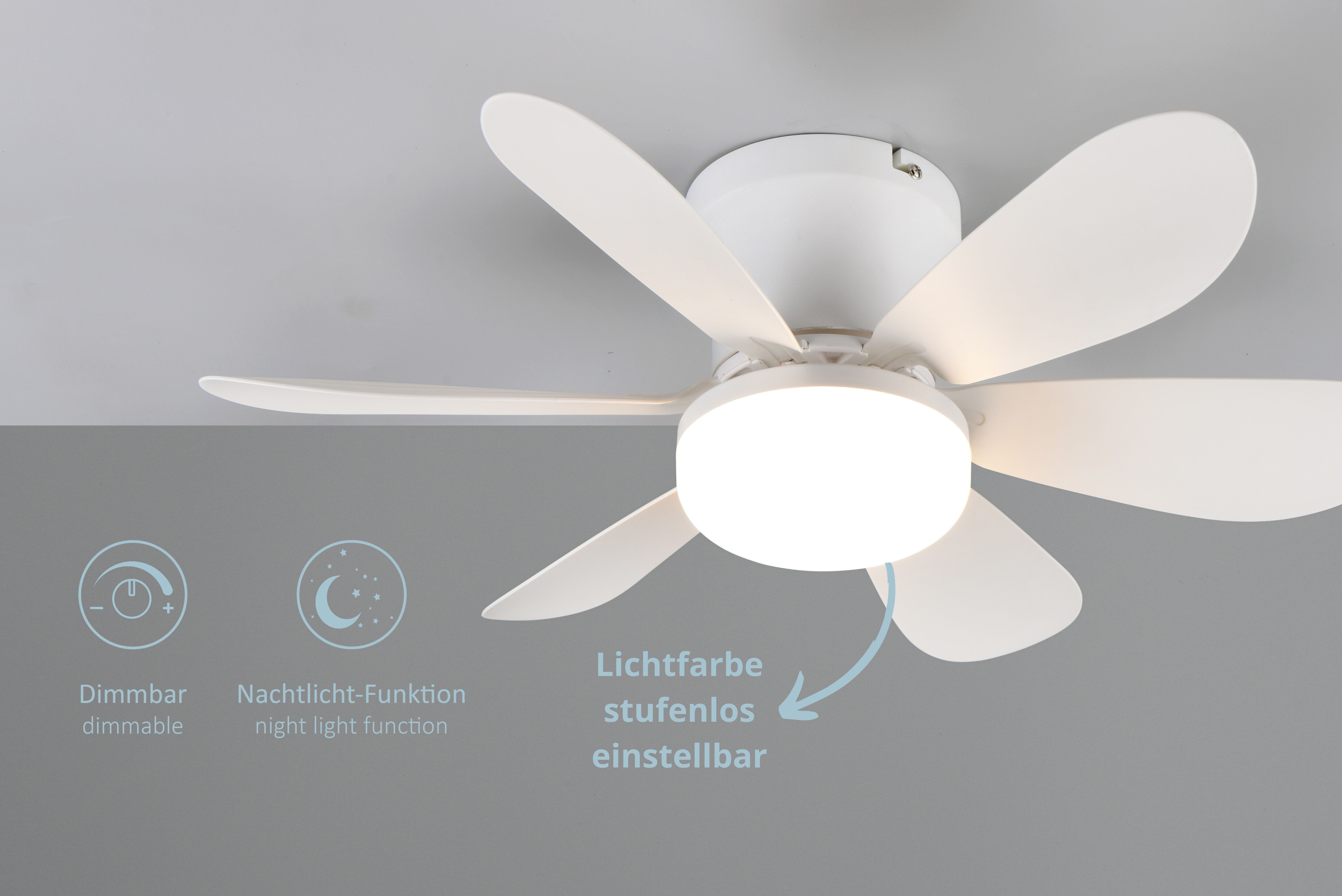 lightling LED Deckenleuchte Lunar, Helligkeit und Lichtfarbe stufenlos einstellbar, LED fest integriert, kaltweiße bis warmweiße Lichtfarbe, Ventilator mit 3 Geschwindigkeitsstufen, Fernbedienung, Timerfunktion