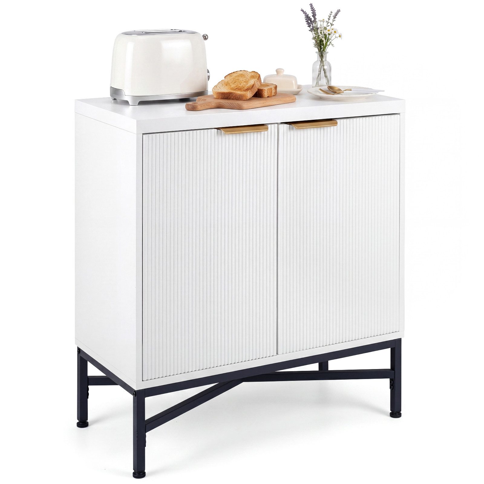 COSTWAY Sideboard Wohnzimmer Küchenschrank Holz, mit geriffelten Türen 71x35x82cm
