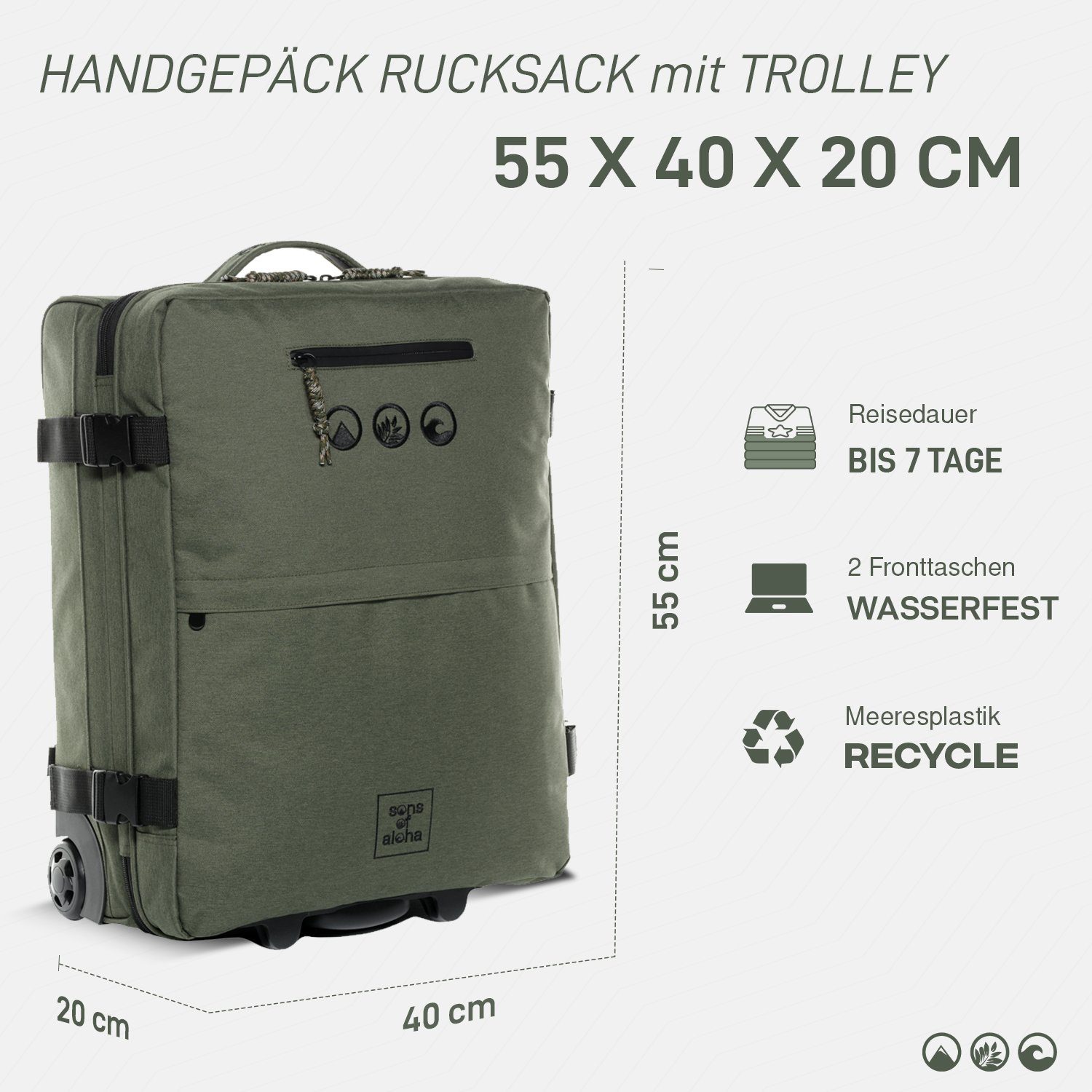SONS OF ALOHA Koffer Backpacker Rucksack mit Rollen 3 in 1 Handgepäck  55 cm, 2in1 Hybrid Handgepäck Koffer 2 Rollen & Rucksack aus Plastikflaschen