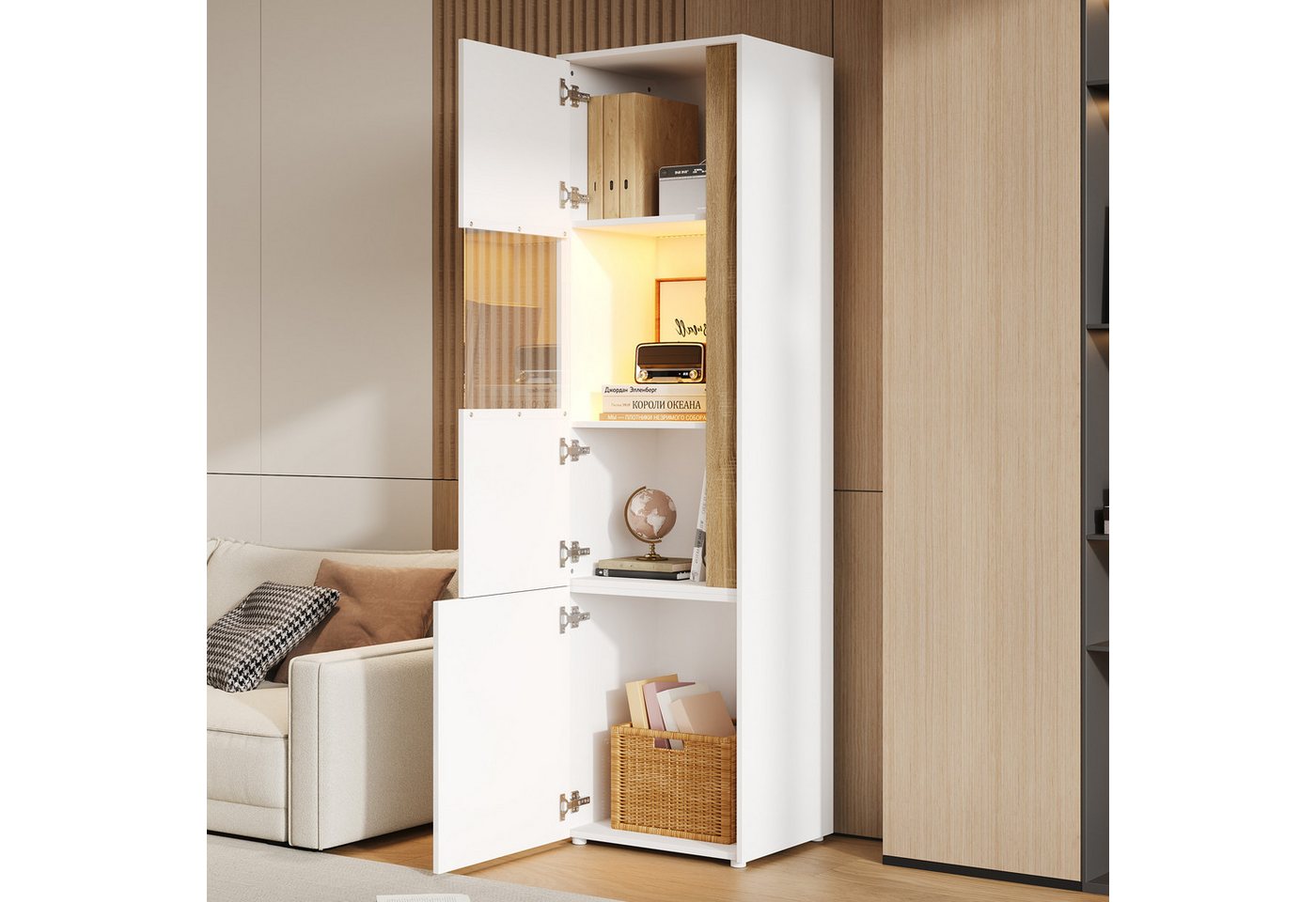 Flieks Hochschrank Vitrine mit LED-Beleuchtung und Acryltüren (1-St., B50 x T40 x H179 cm) Mehrzweckschrank Wohnzimmerschrank mit 4 Fächer Holzoptik/Weiß