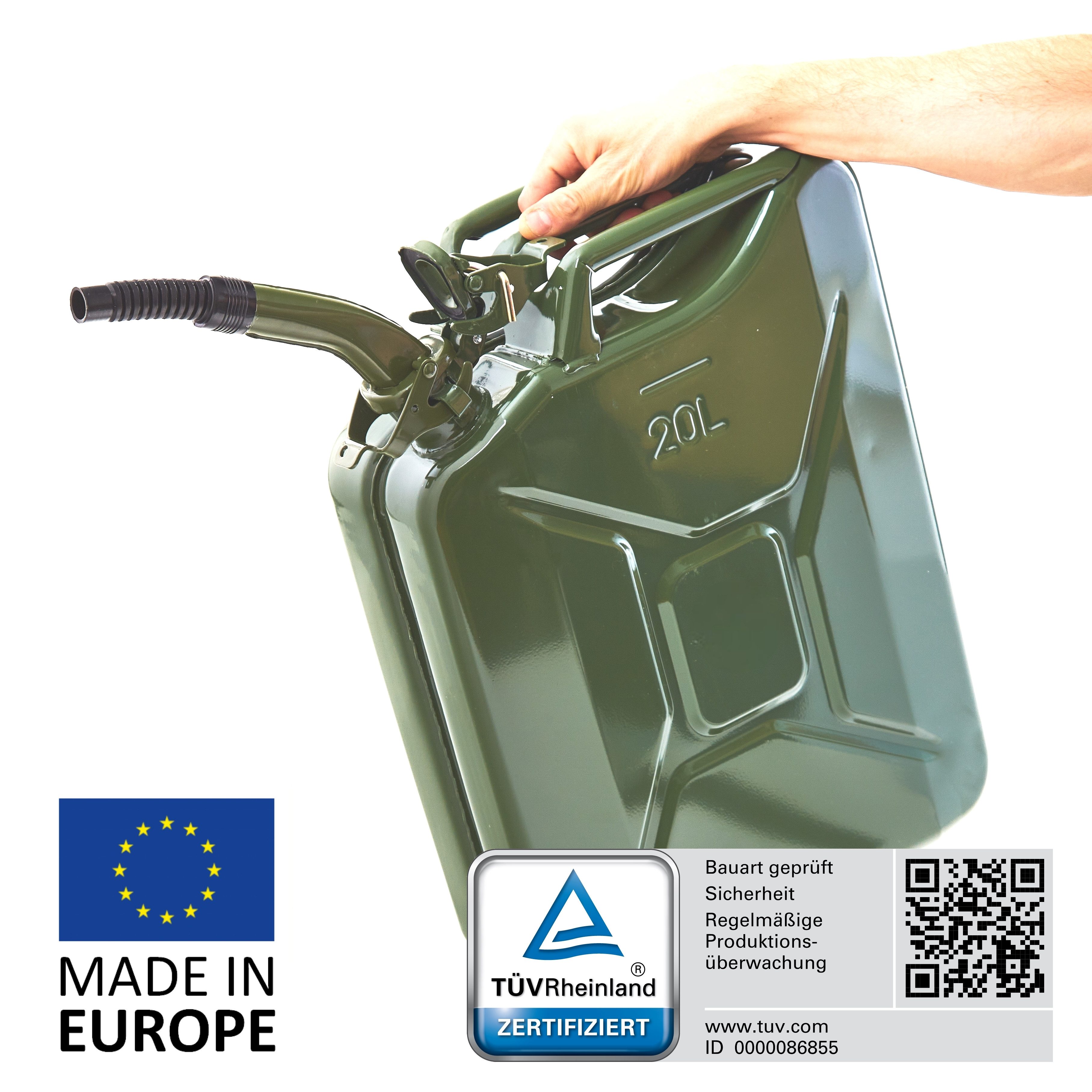 BW Benzinkanister Metall Kraftstoffkanister 20 L mit Ausgießer (mit Ausgießer, Made in Europe), TÜV-geprüft und UN-Zulassung