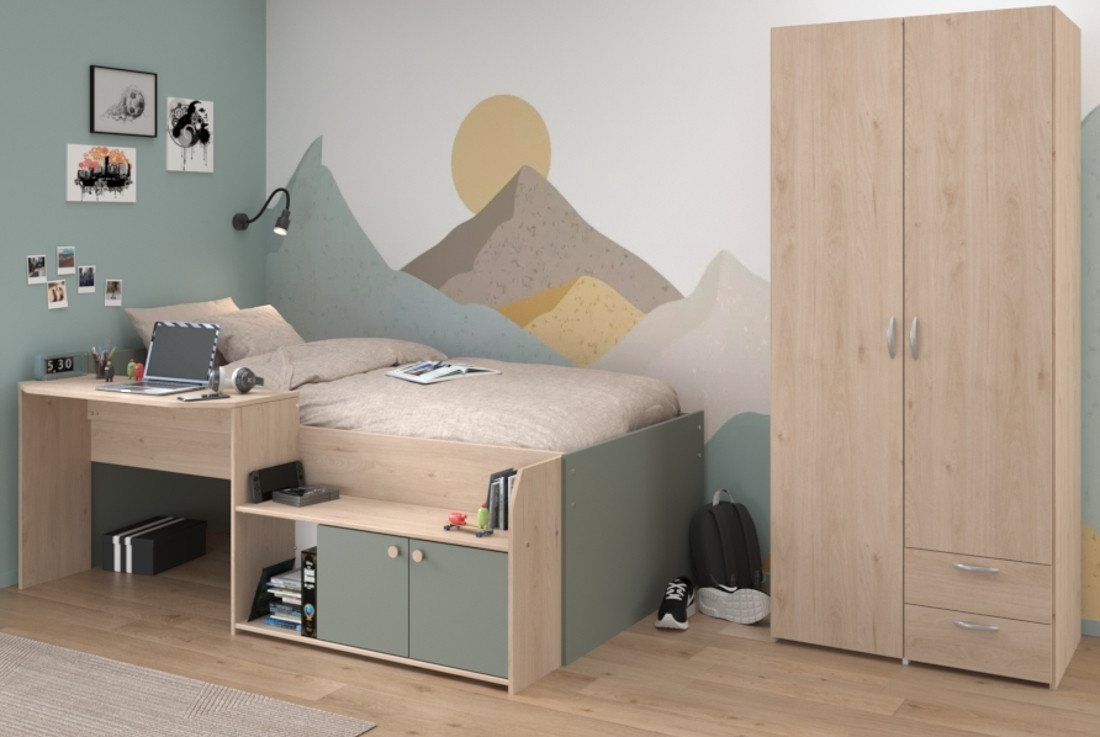 Parisot Jugendzimmer-Set Matre, (Kinderzimmer Set Stauraumbett und Kleiderschrank, 2-tlg., Eiche und Salbei Grün), integrierter Schreibtisch