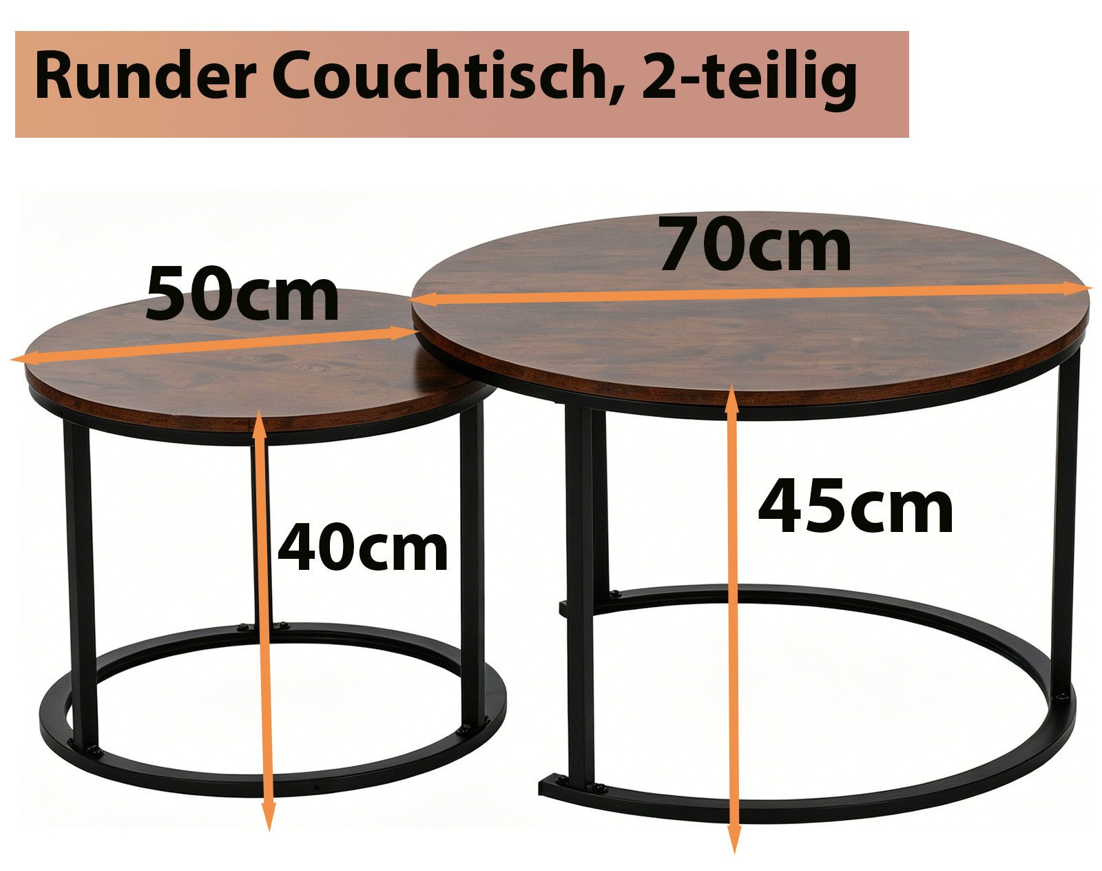 BIGTREE Couchtisch 2er set wohnzimmer tisch beistelltisch rund,Holz & Metall (2er-Set), 70x70x45 cm und 50x50x40 cm