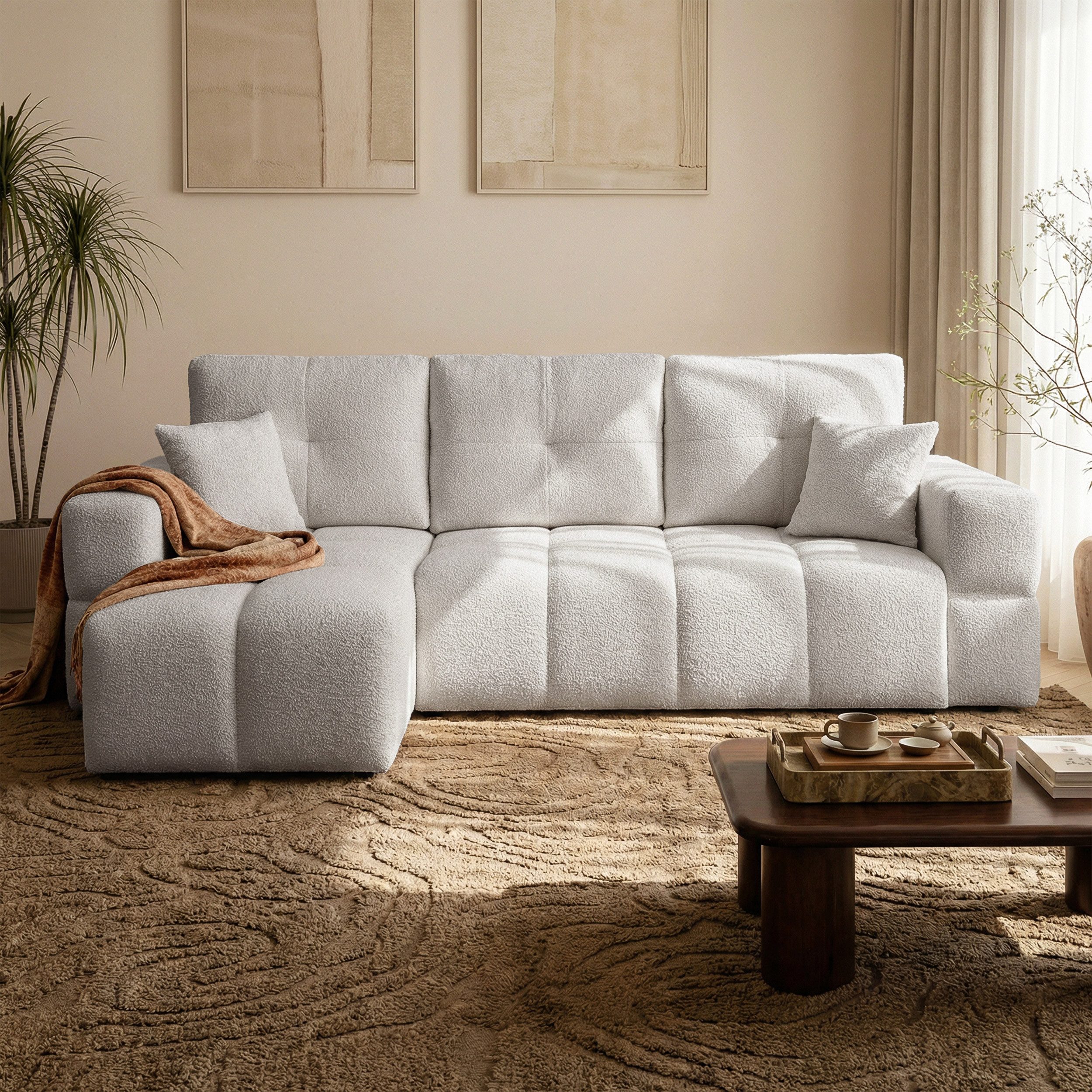 yourhouse24 Ecksofa BUENO im Glamour-Look 250 cm – Trend-Bouclé, mit Schlaffunktion, Seite universal