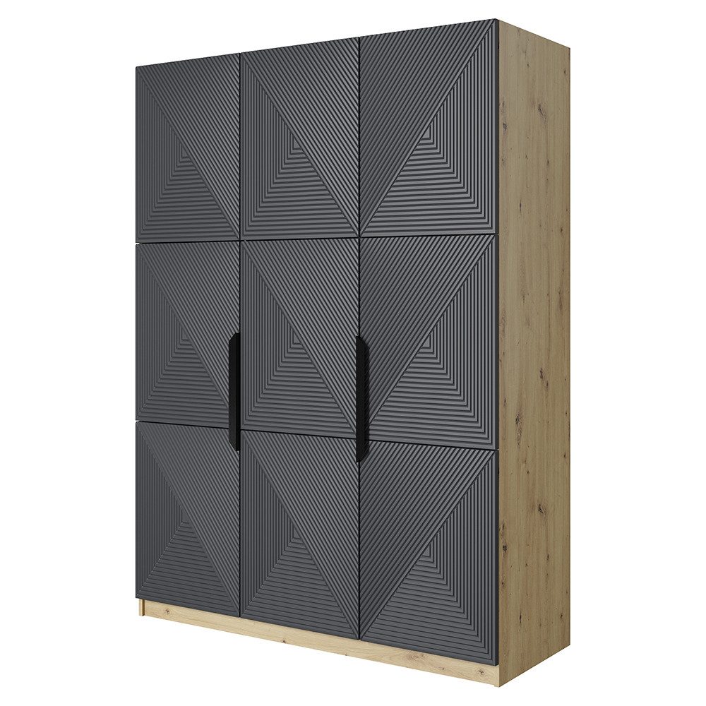 Lomadox Kleiderschrank ADARE-141 150 cm breit, 3 Türen, Eiche mit dunkelgrau, gerillter Front