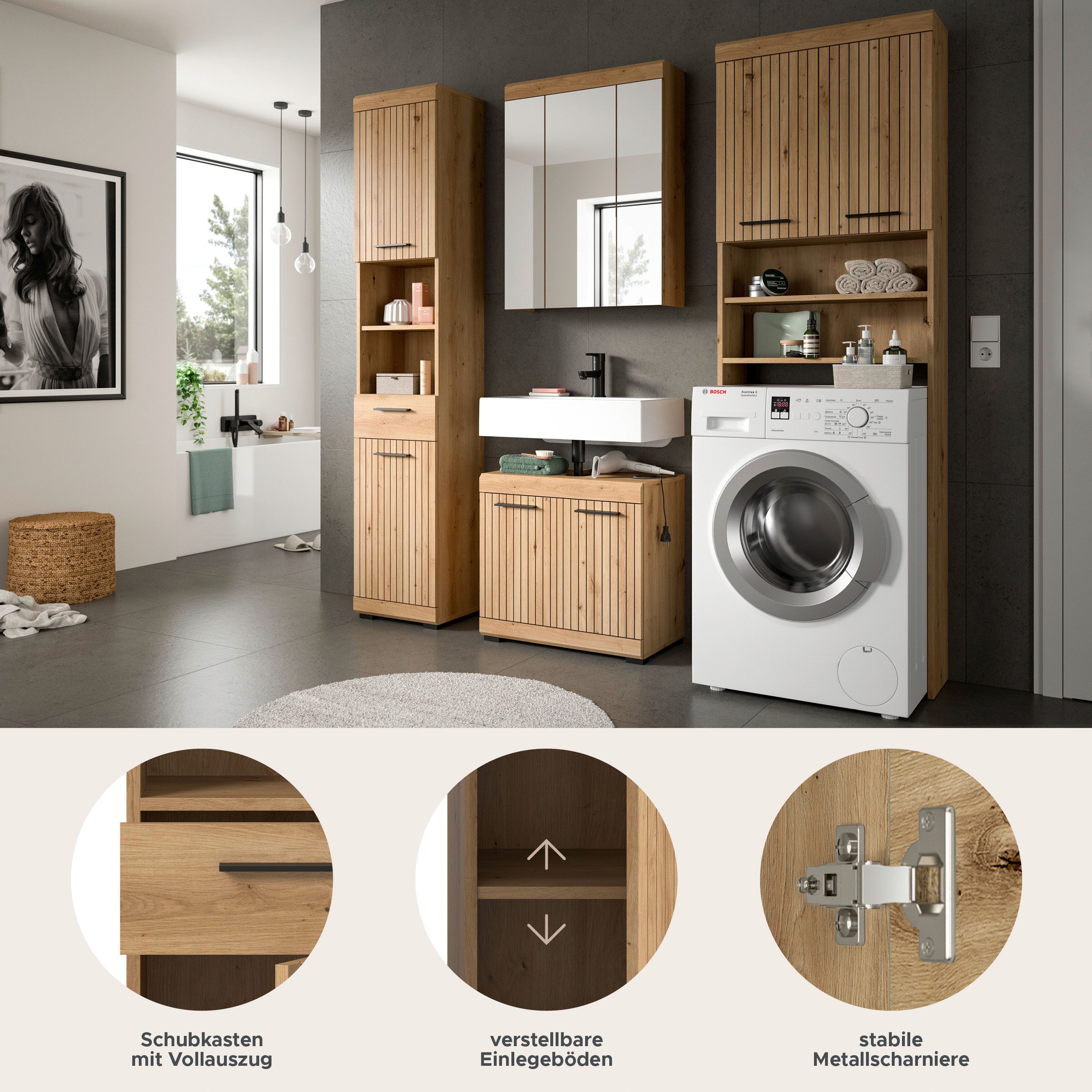 welltime Badmöbel-Set SIENA, 4 teilig, bestehend aus:, (Set, 4-St., TOPSELLER), Hochschrank, WBU, Spiegelschrank, Waschmaschinenumbauschrank