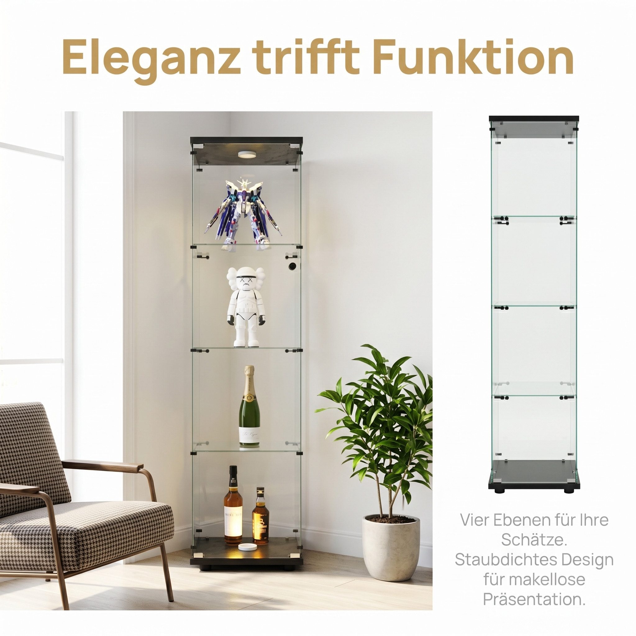 NMCXXO Glasvitrine Glasvitrine mit LED-Beleuchtung, modern und stilvoll (1 tlg) Standvitrine/Glasvitrine Glastür 4-lagig, Große Kapazität