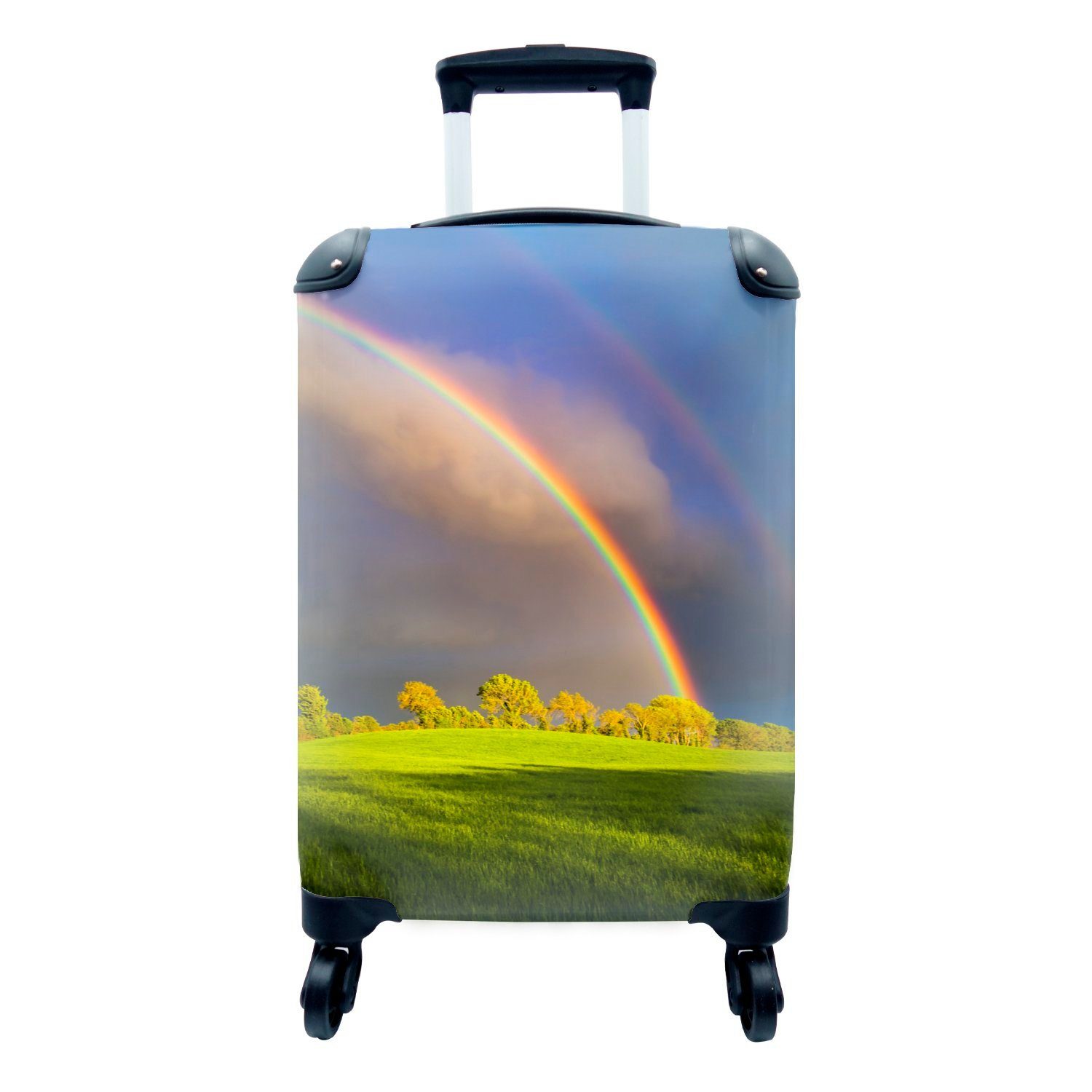 MuchoWow Handgepäckkoffer Eine Nahaufnahme eines hellen Regenbogens über grünen Bäumen, 4 Rollen, Reisetasche mit rollen, Handgepäck für Ferien, Trolley, Reisekoffer
