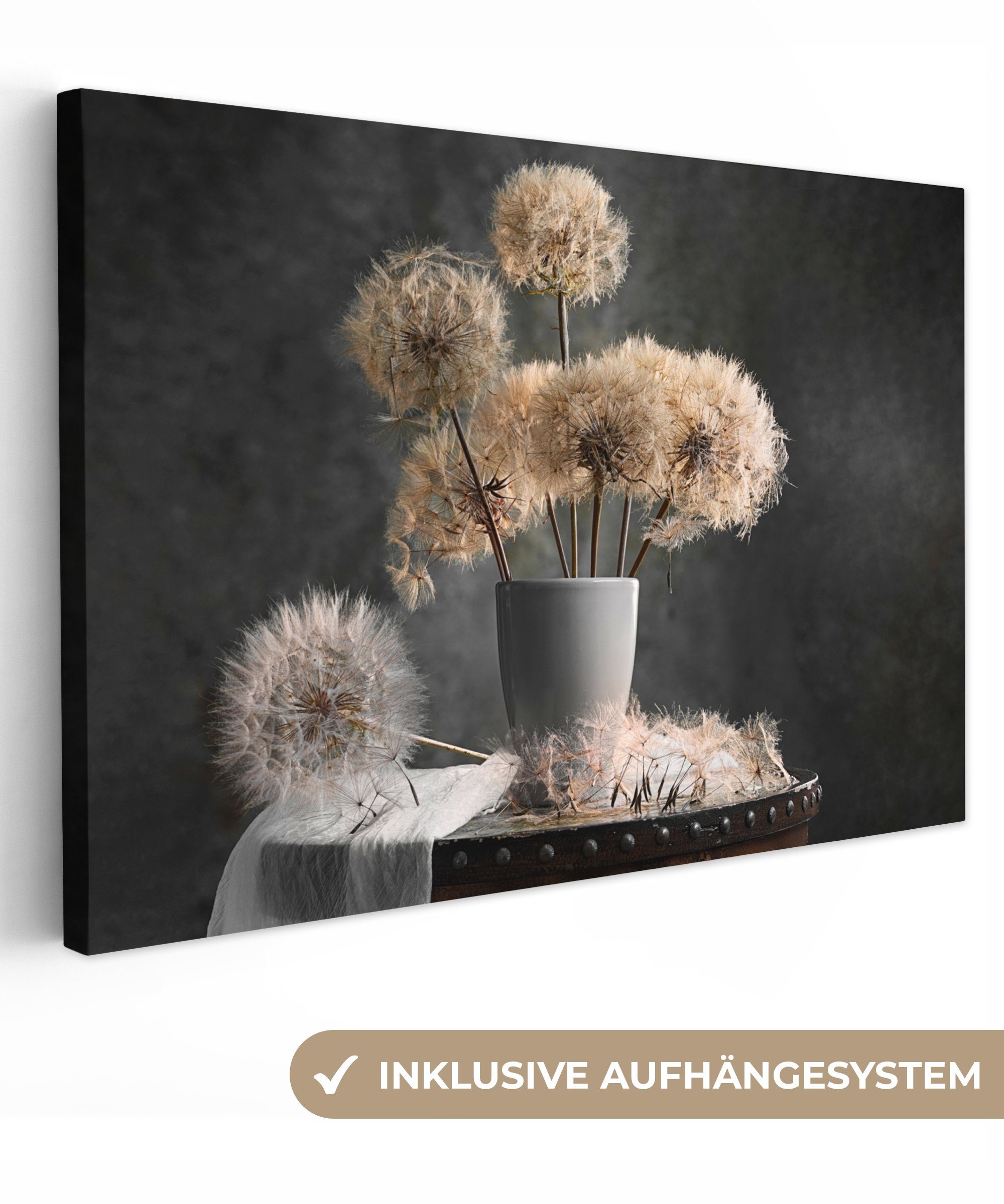 OneMillionCanvasses® Leinwandbild Blumensamen - Löwenzahn - Vase - Stilleben - Blumenstrauß, (1 St), Wandbild Leinwandbilder, Aufhängefertig, Wanddeko, 30x20 cm