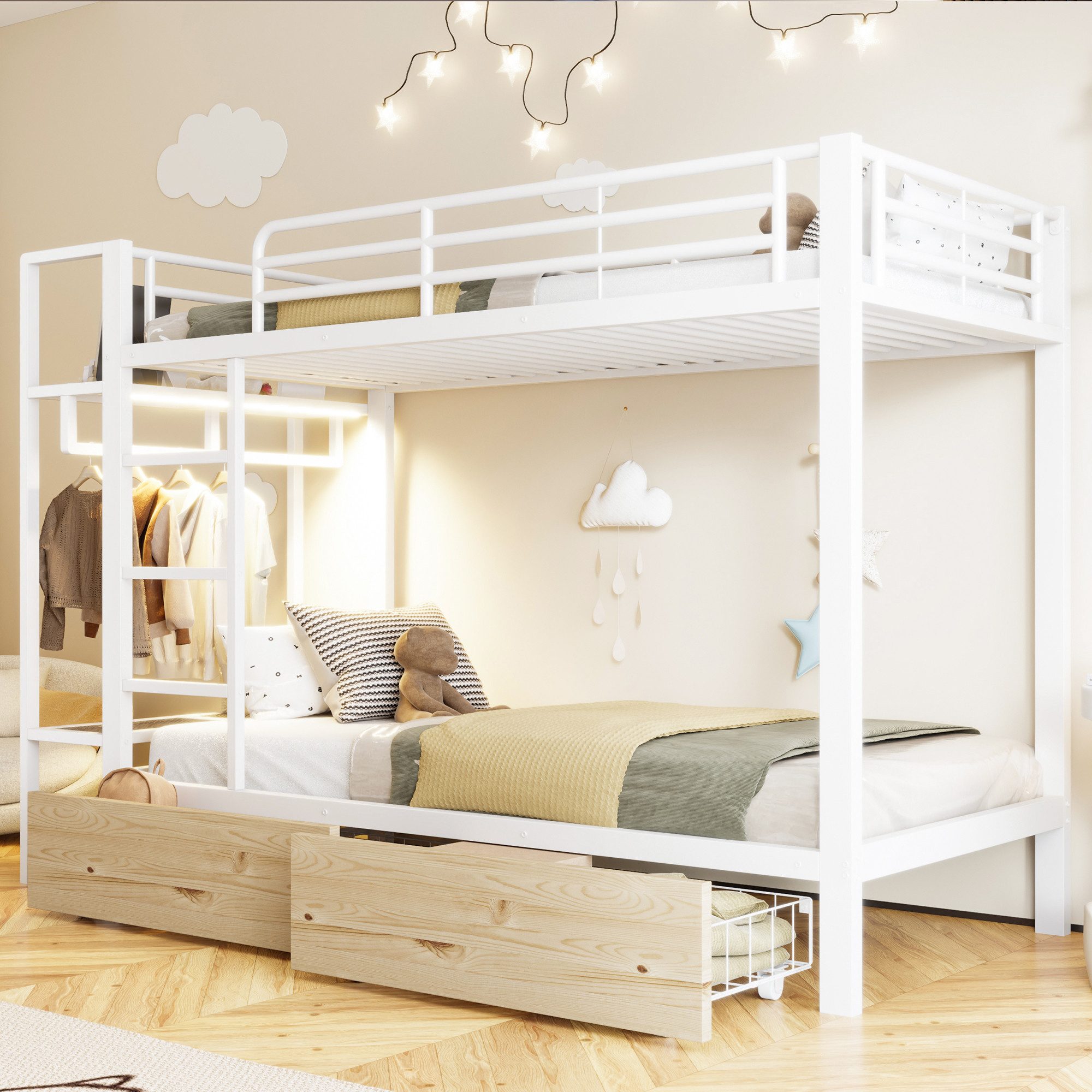 Merax Etagenbett mit LED Lichtleiste (Metallbett Jugendbett Stockbett Doppelbett mit Eisenrahmen, 1-St), Kinderbett 90x200cm mit Kleiderstange, 2 Schubladen & Ablageflächen