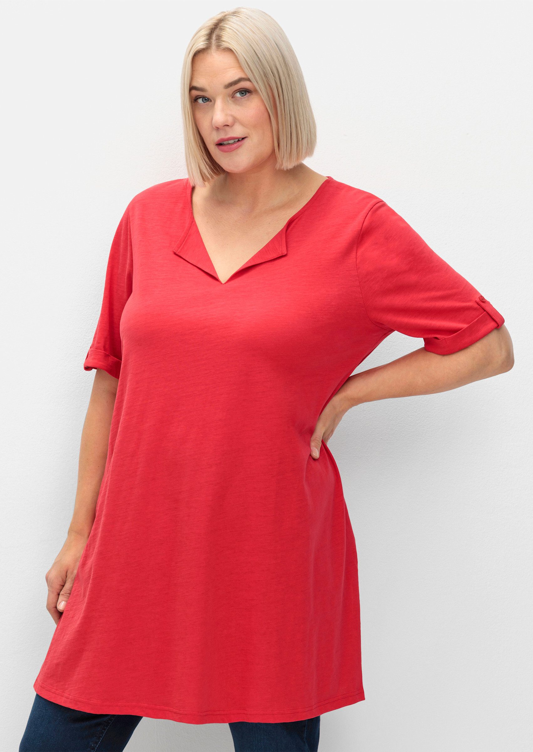 Sheego T-Shirt Longshirt Kurzarm mit geschlitztem Ausschnitt günstig online kaufen