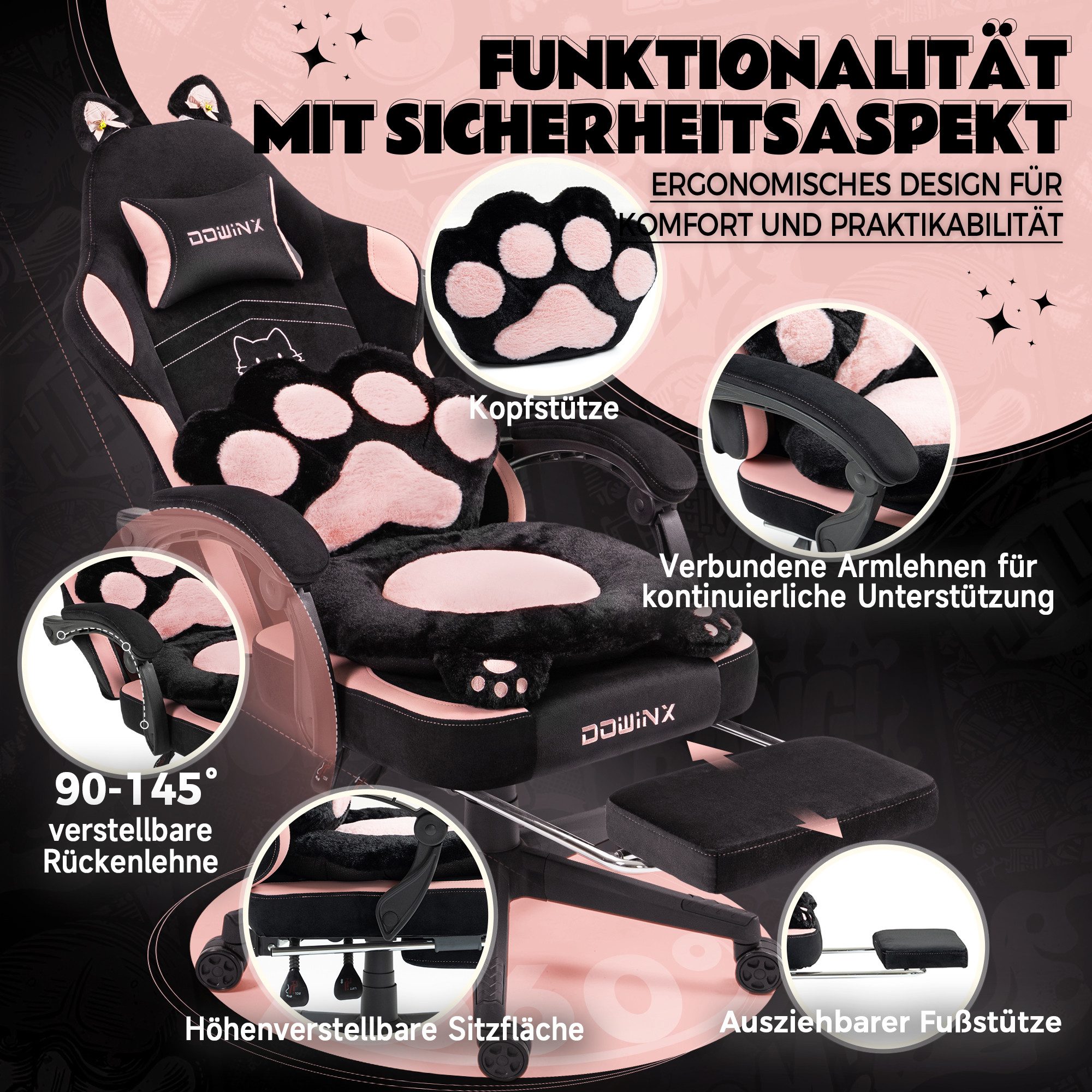 Dowinx Gaming-Stuhl Niedlich mit Katzenohren, Pfoten-Lendenkissen und Sitzkissen, (Packung), Ergonomischer Computerstuhl mit Fußstütze, PC-Spiele-Stuhl für Mädchen