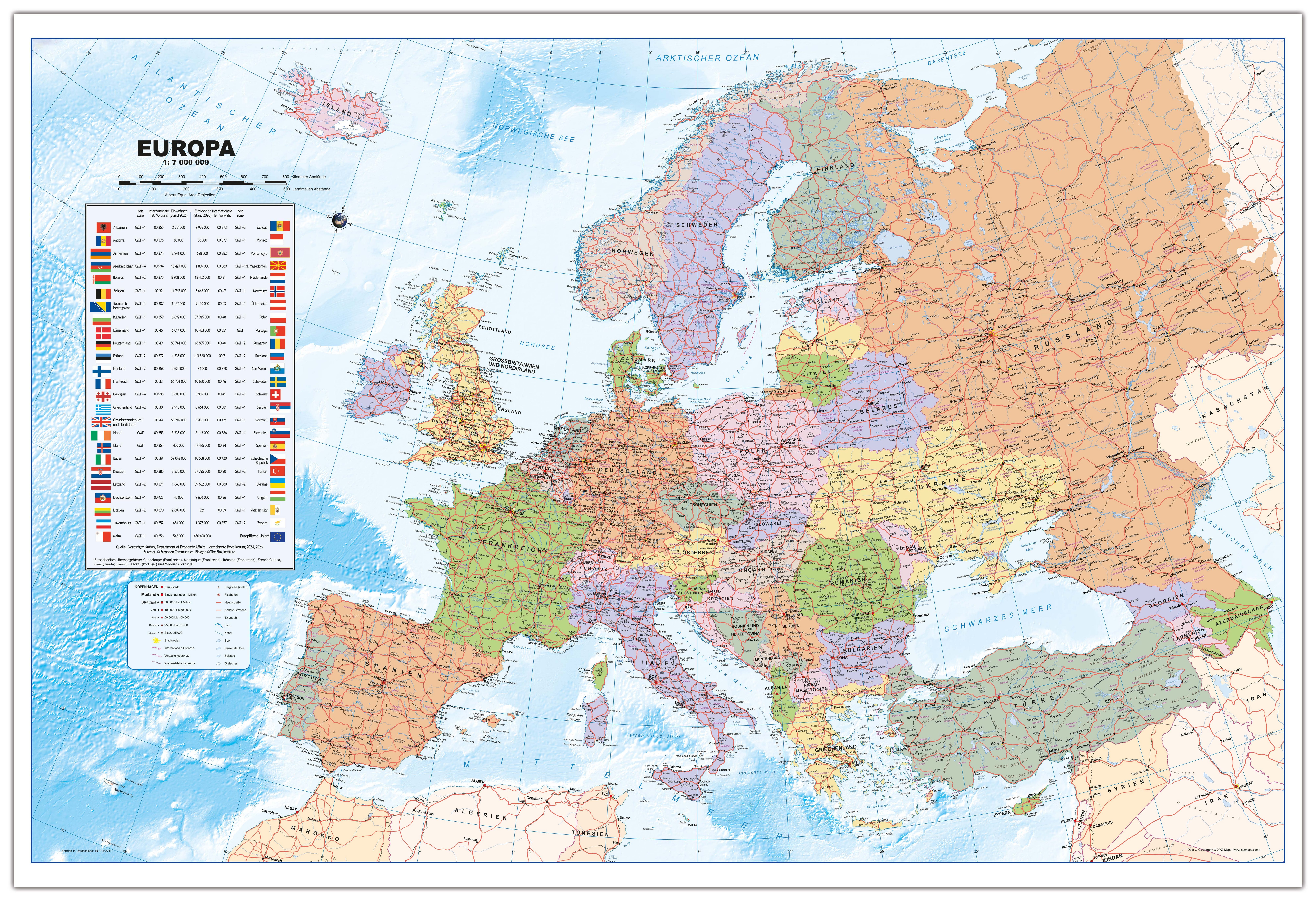 Interkart Landkarten & Globen GmbH Poster Europakarte - Deutsch - Politisch - Mit Flaggen - Stand 2026, Oberflächen beschichtetes Poster