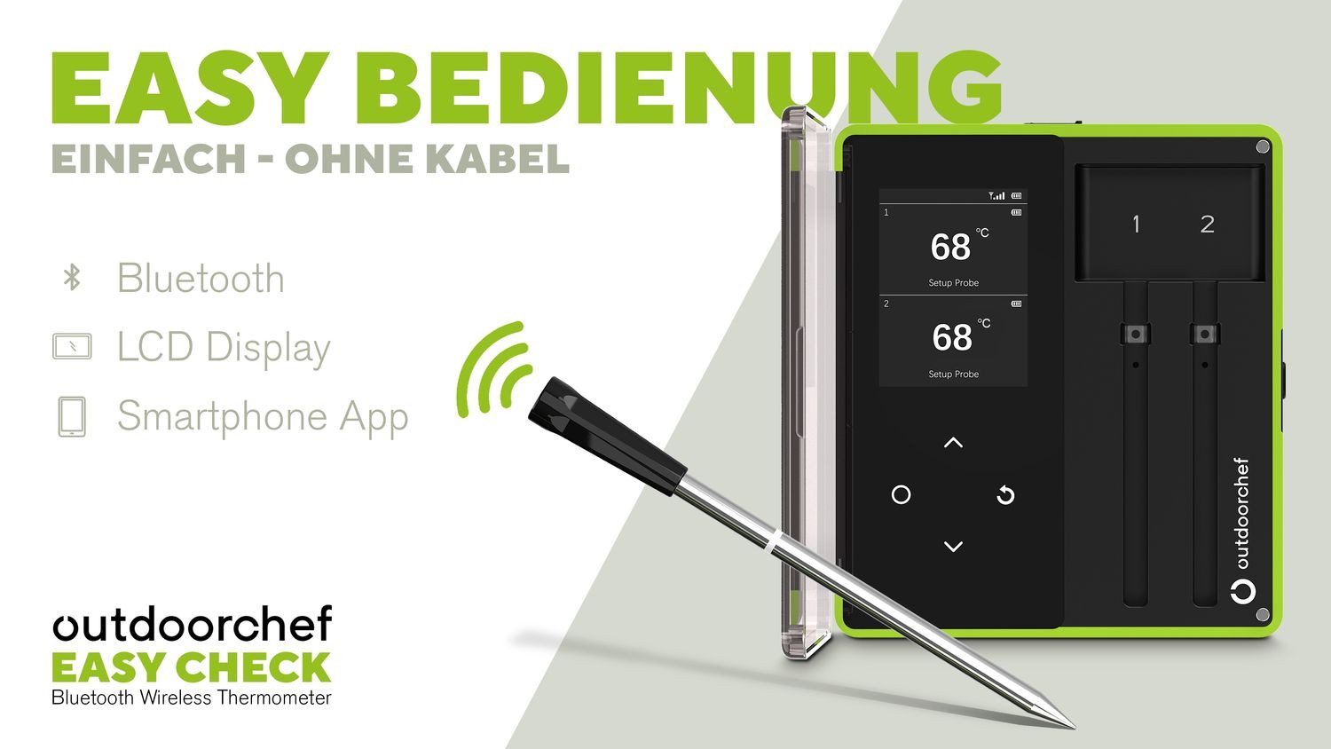 OUTDOORCHEF Fensterthermometer Easy Check Grillthermometer - Wireless Bluetooth Thermometer, 1 Temperaturfühler + Multifunktionsdock + USB-C Ladekabel, Kabellos, Dual-Sensor, 200m Reichweite, 30h Akku
