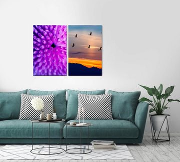Sinus Art Leinwandbild 2 Bilder je 60x90cm Koralle Kraniche Violett Berge Abendröte Himmel Sonnenuntergang
