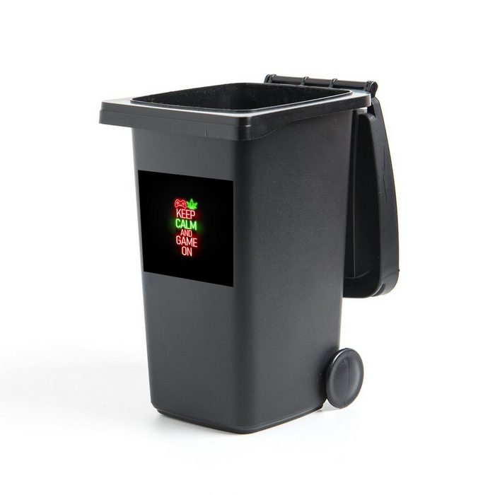 MuchoWow Wandsticker Gaming - Neon - Ruhe bewahren und weiterspielen - Rot - Text (1 St) Mülleimer-aufkleber Mülltonne Sticker Container Abfalbehälter