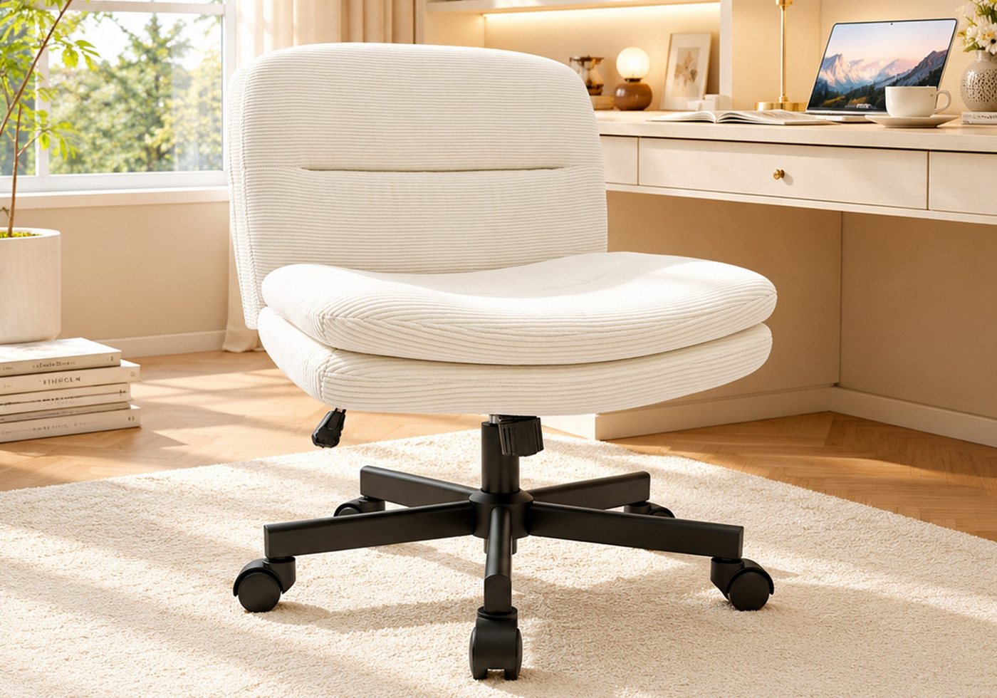 Durrafy Drehstuhl Bürostuhl aus Samt, Schminkstuhl ohne Armlehnen, mit Rollen (1er Set), für Schminktisch & Homeoffice, 360° drehbar, höhenverstellbar, 160 kg