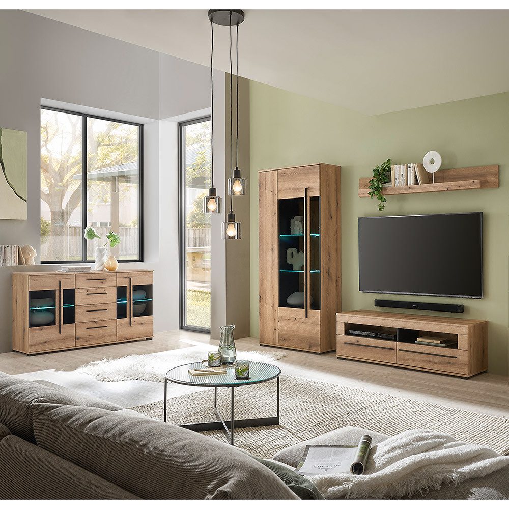 Lomadox Wohnzimmer-Set COLORADO-61, (Mega-Spar-Set, 4-St., Vitrine Sideboard Lowboard Wandregal), in Eiche mit LED Glasbodenbeleuchtung und Softclose Schubladen
