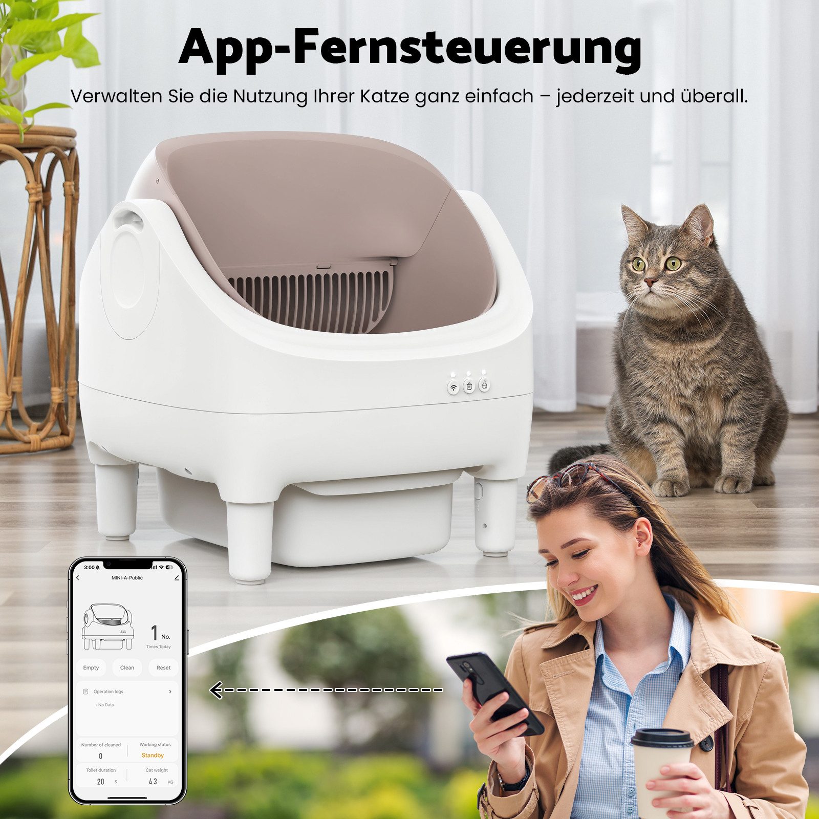 Rebonique Katzentoilette XXL Selbstreinigendes Katzenklo 10,5L mit App & Offenem Design, Inklusive Aromabox, Matte, Katzenstreubeutel und Bürste.2,4-GHz-WLAN.
