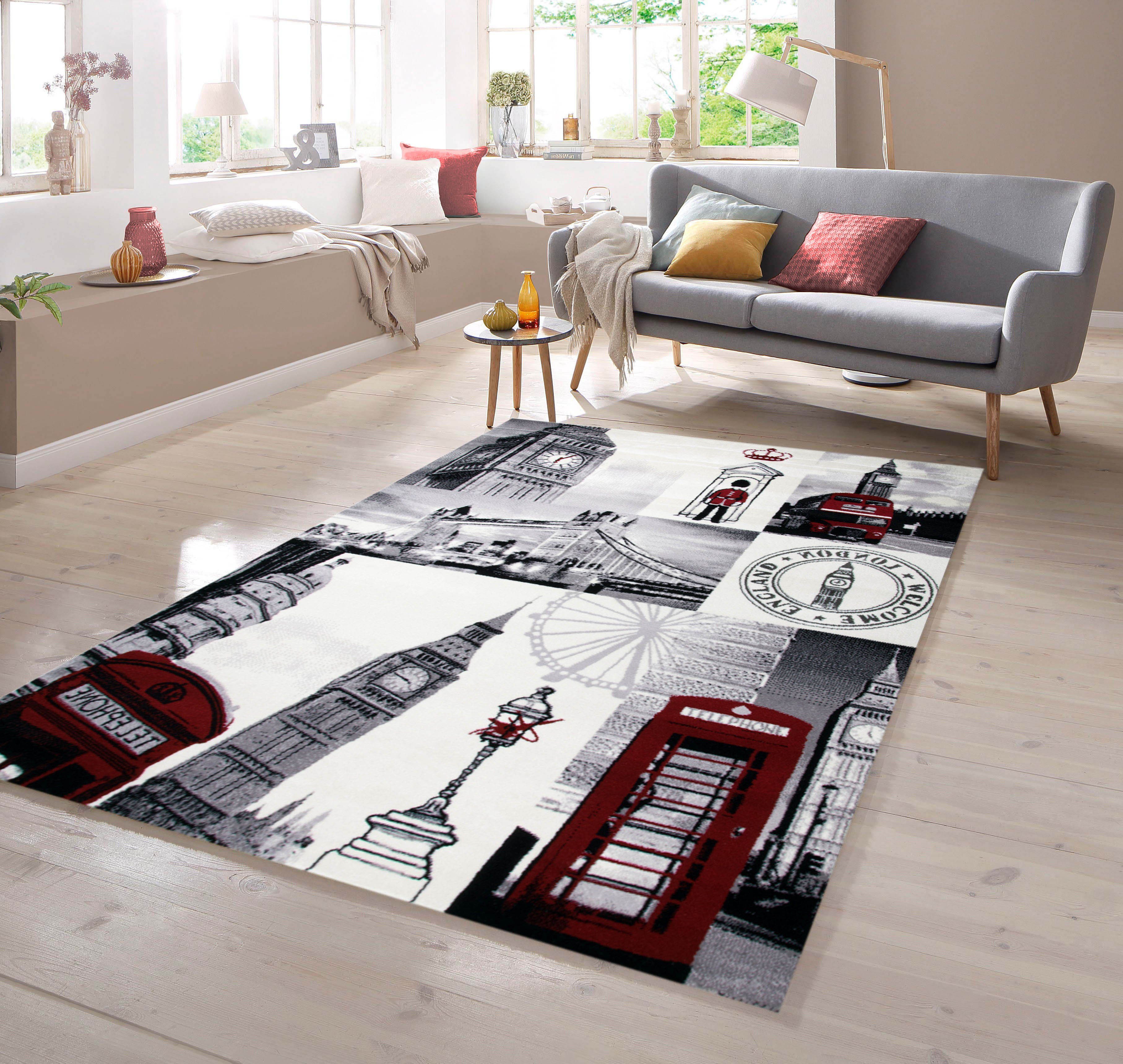 TeppichHome24 Teppich Designer Teppich London Motiv Creme Grau Rot Schwarz, rechteckig