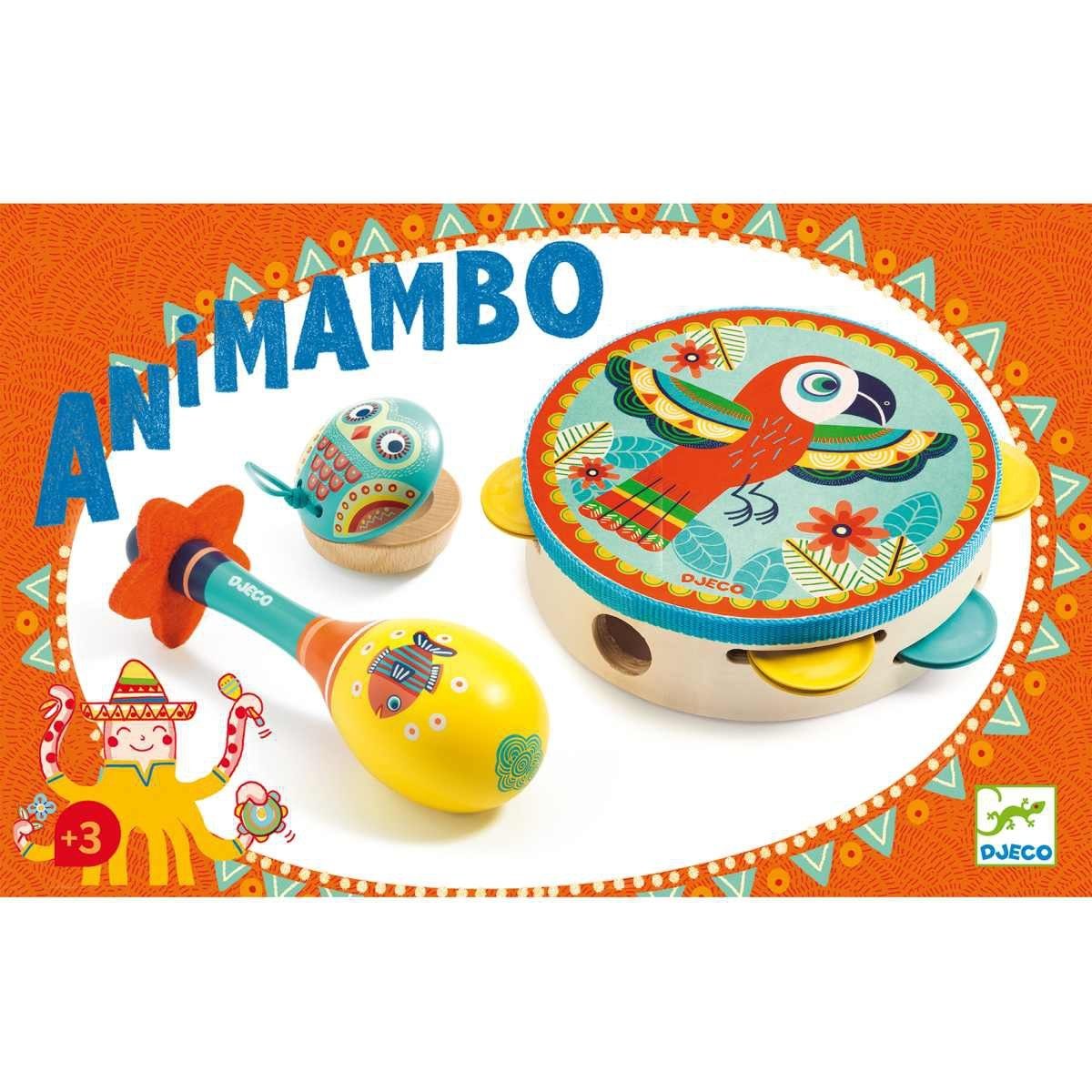 DJECO Spielzeug-Musikinstrument Animambo Instrumenten 3-Set Tamburin, Maracas, Kastagnette