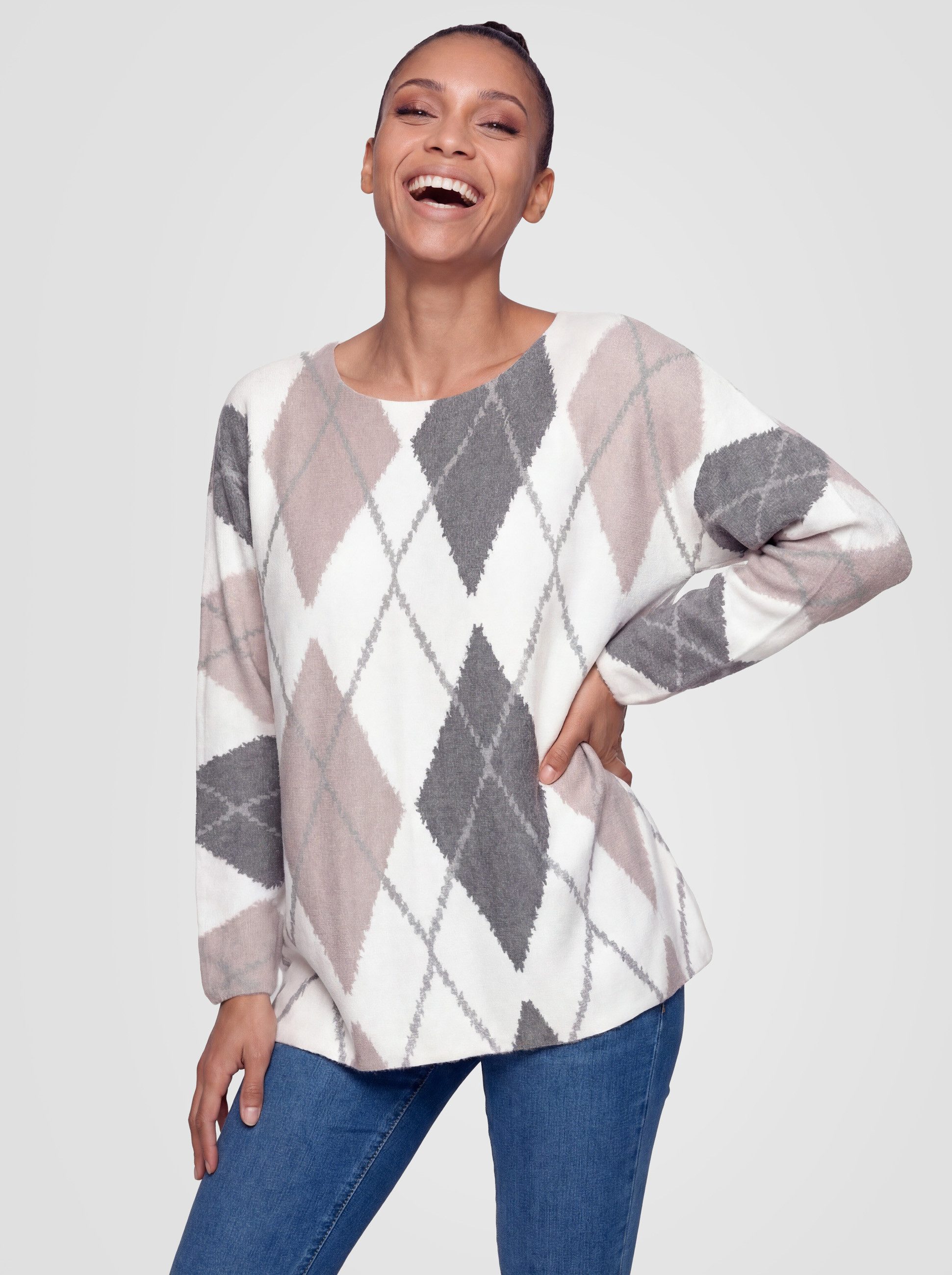 PEKIVESSA Strickpullover Rundhals-Pullover mit Rautenmuster kuschelweicher günstig online kaufen