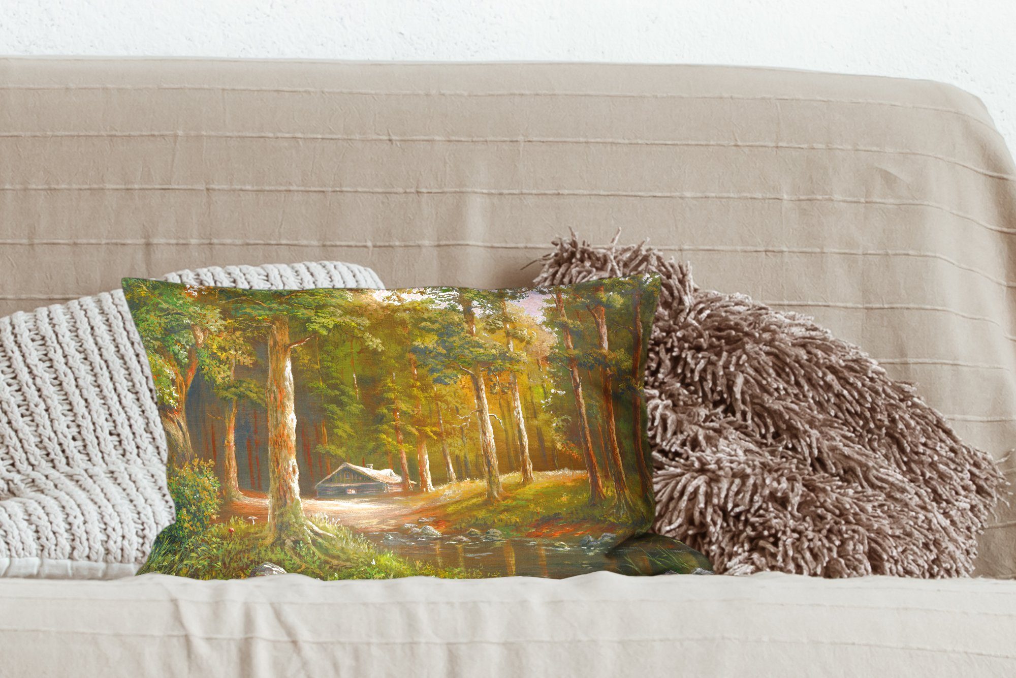 Wohzimmer in Schlafzimmer Dekoration, Eine Hütte Illustration MuchoWow Füllung, Dekokissen Dekokissen Zierkissen, einem einer Wald, mit