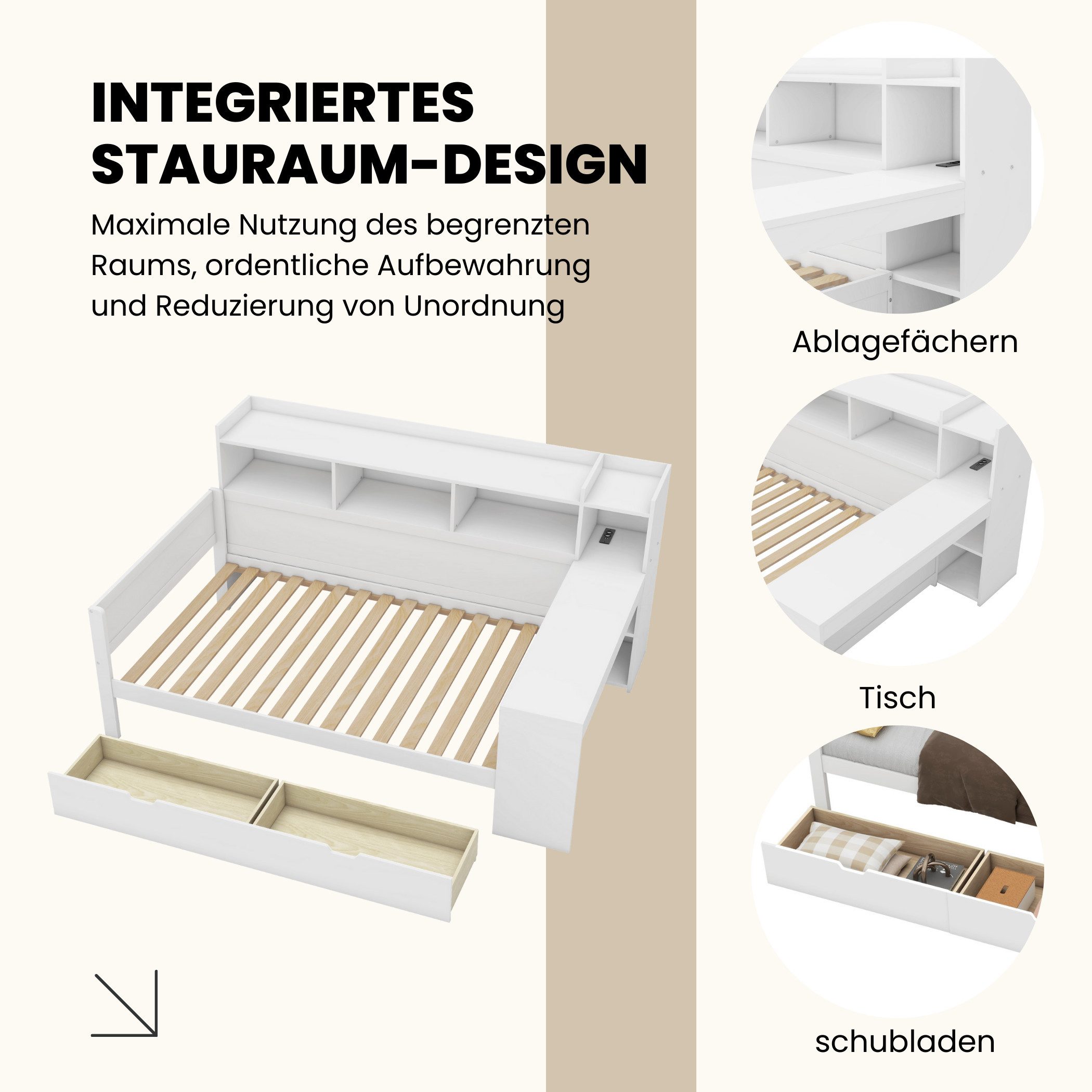 SeedWave Stauraumbett Holzbett mit Tisch, Regal günstig online kaufen