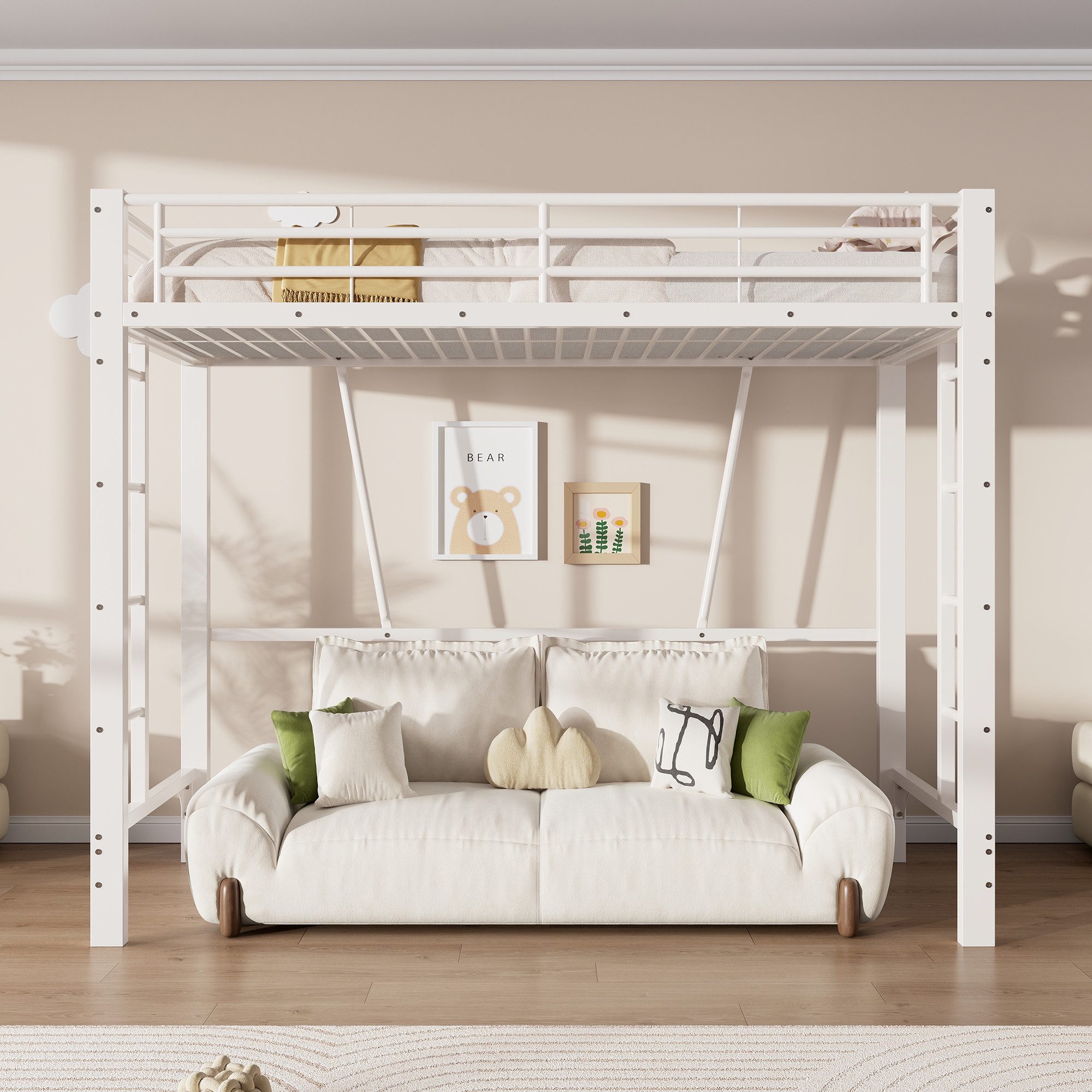 Flieks Hochbett Metallbett 90x200cm mit Doppelleiter, offener Raumgestaltung