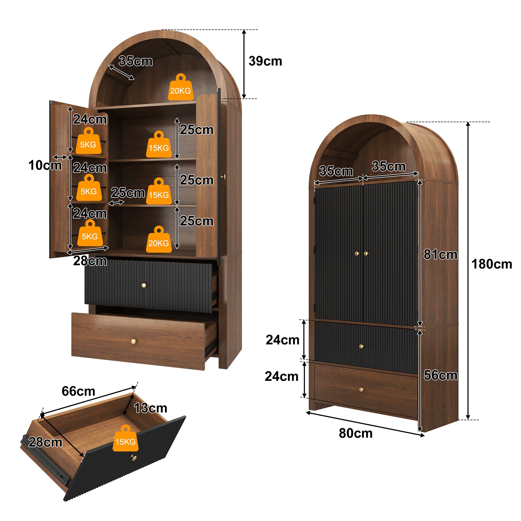 Celya Hochschrank Bogenschrank, Küchenschrank, Weinschrank mit Türablagen (mit 3 Einlegeböden, offenem Oberfach und 2 Schubladen) für Küche, Esszimmer,Wohnzimmer,Schlafzimmer