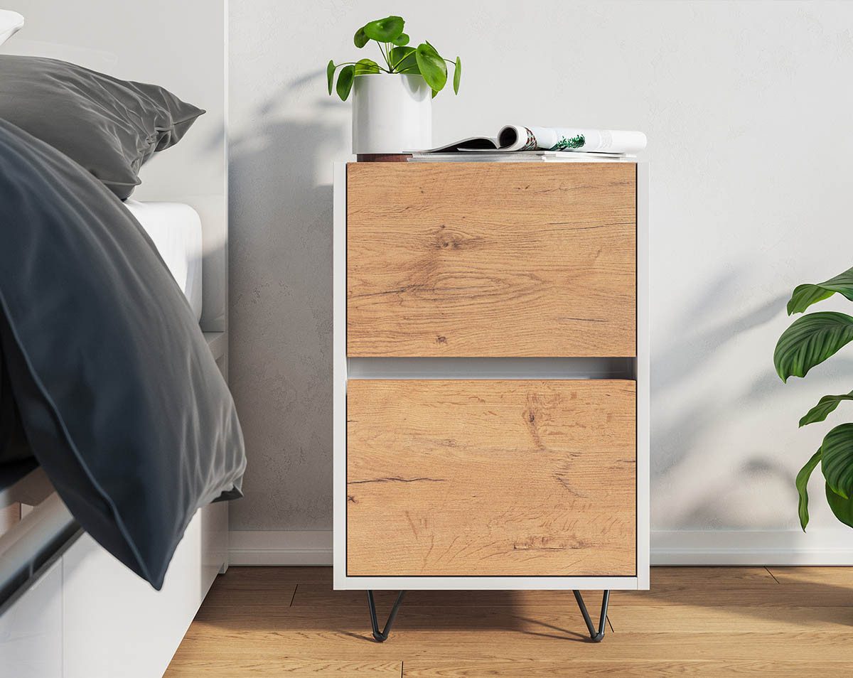 Posseik Waschtisch-Set Nachttisch FAVIER 40 x 65cm, 2 Schubladen, weiß-eiche, (Sideboard, 1-St., Sideboard)