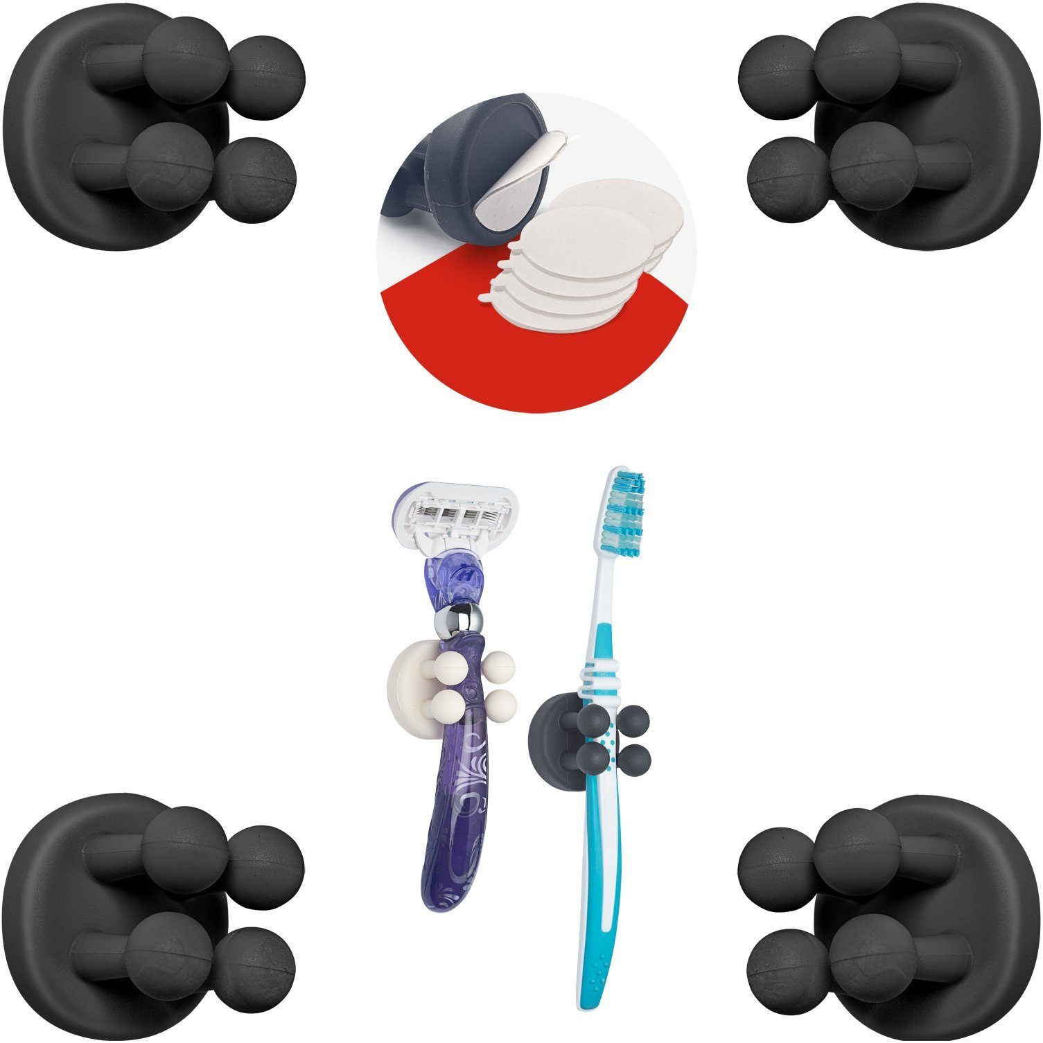 TECBULL Zahnbürstenhalter "FUNNY HOOKS" mit Ersatzklebepads, Zahnbürsten Halter, Rasierhalter, (4-St), Rasierhalter Dusche, Rasier Ständer, Rasierer Halter Bad Schwarz