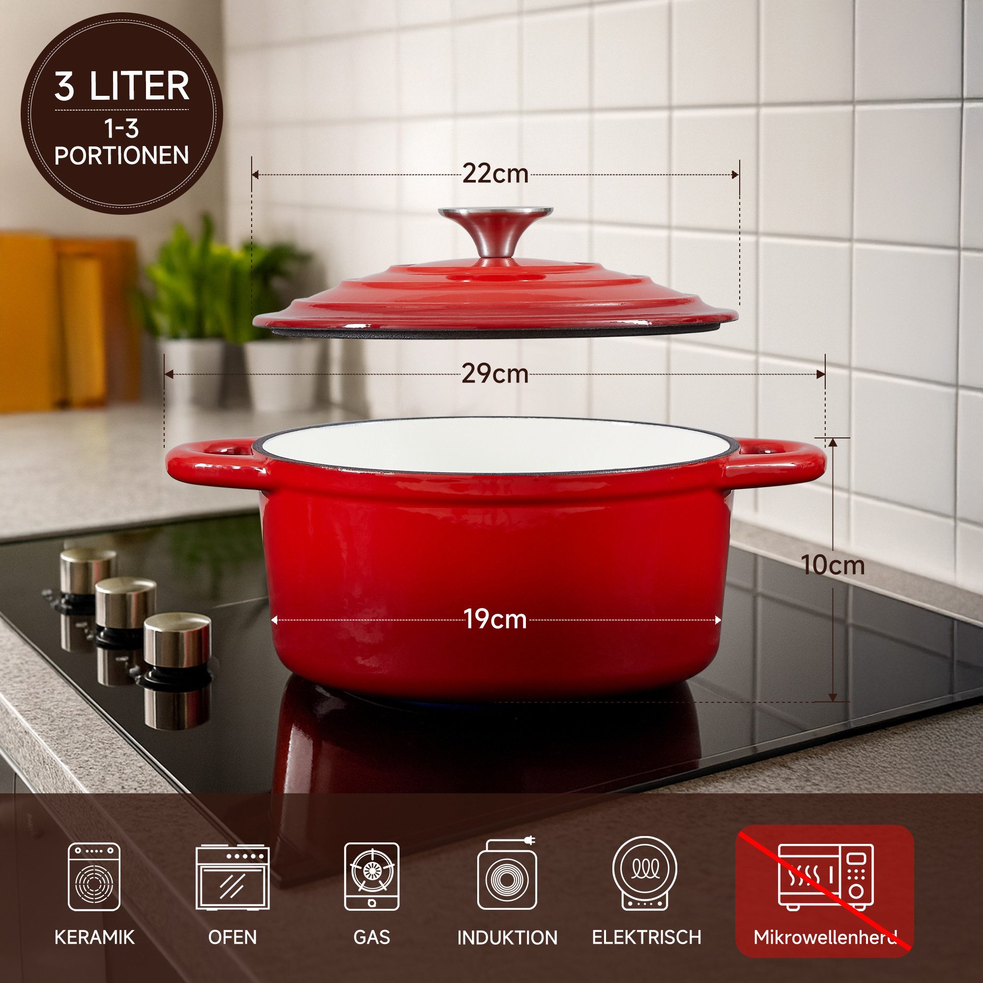 Nilpferd Bräter Gusseisen Topf 22/24/26cm Incl. Silikon Topflappen Topfuntersetzer, (Set, 1 Pot mit 1 lid, 2 Ofenhandschuhe, 1 Topfuntersetzer), Backofengeeignet Induktionsgeeignet Zum Braten, Schmoren, Kochen