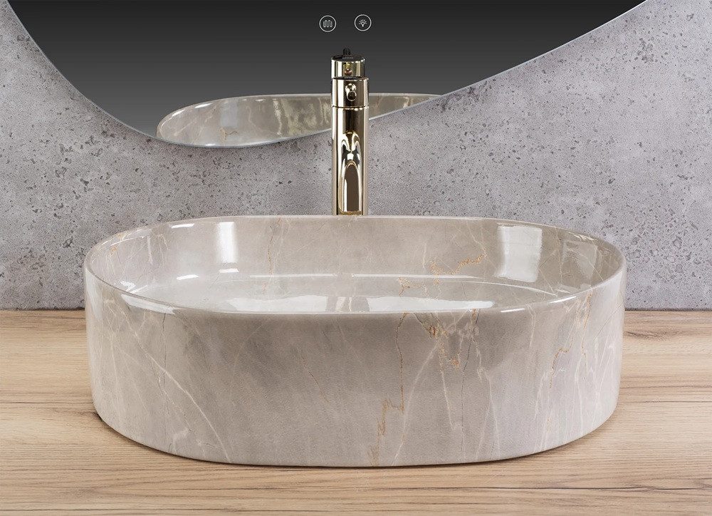 wohnwerk.idee Aufsatzwaschbecken Marmoroptik Waschtisch Waschbecken Beige Naturstein Design 50x38cm – Bild 4 von 5