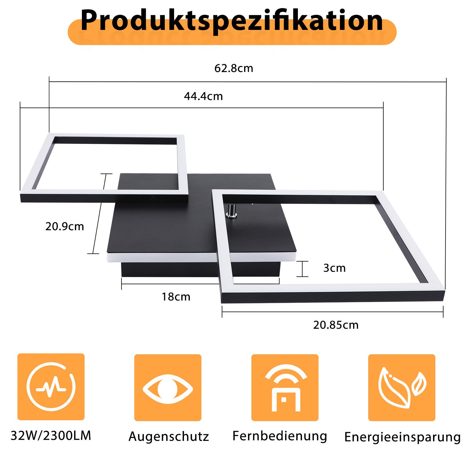 ZMH LED Deckenleuchte Wohnzimmer Schwarz/Weiß 3000-6500K Modern Deckenlampe Küche Büro, Augenschutz, Einfache Installtion, LED fest integriert, Warmweiß-Kaltweiß, 32W Küchenlampe Flur mit Fernbedienung