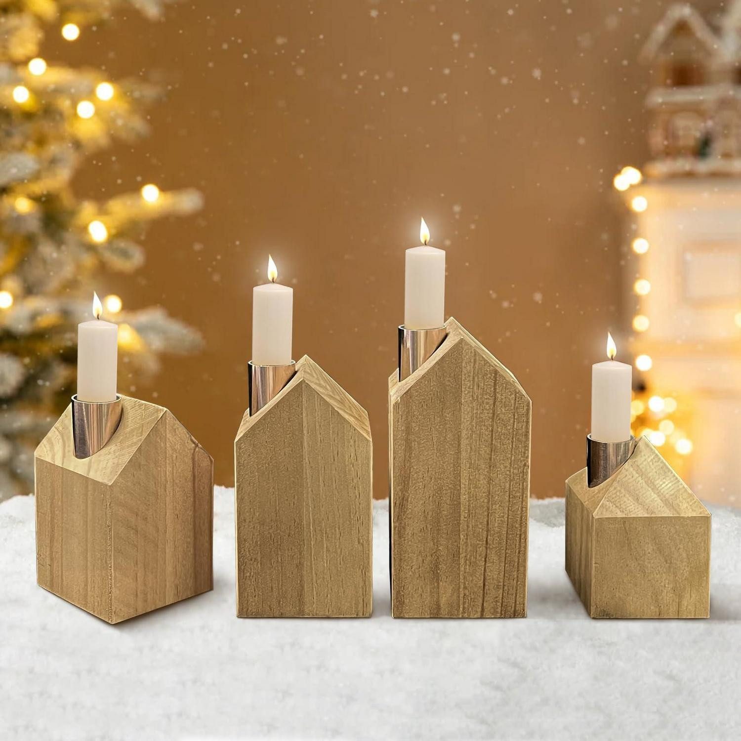 LuxusKollektion Adventskranz Adventskranz Holz Länglich Deko Hausform 4 Kerzenhalter