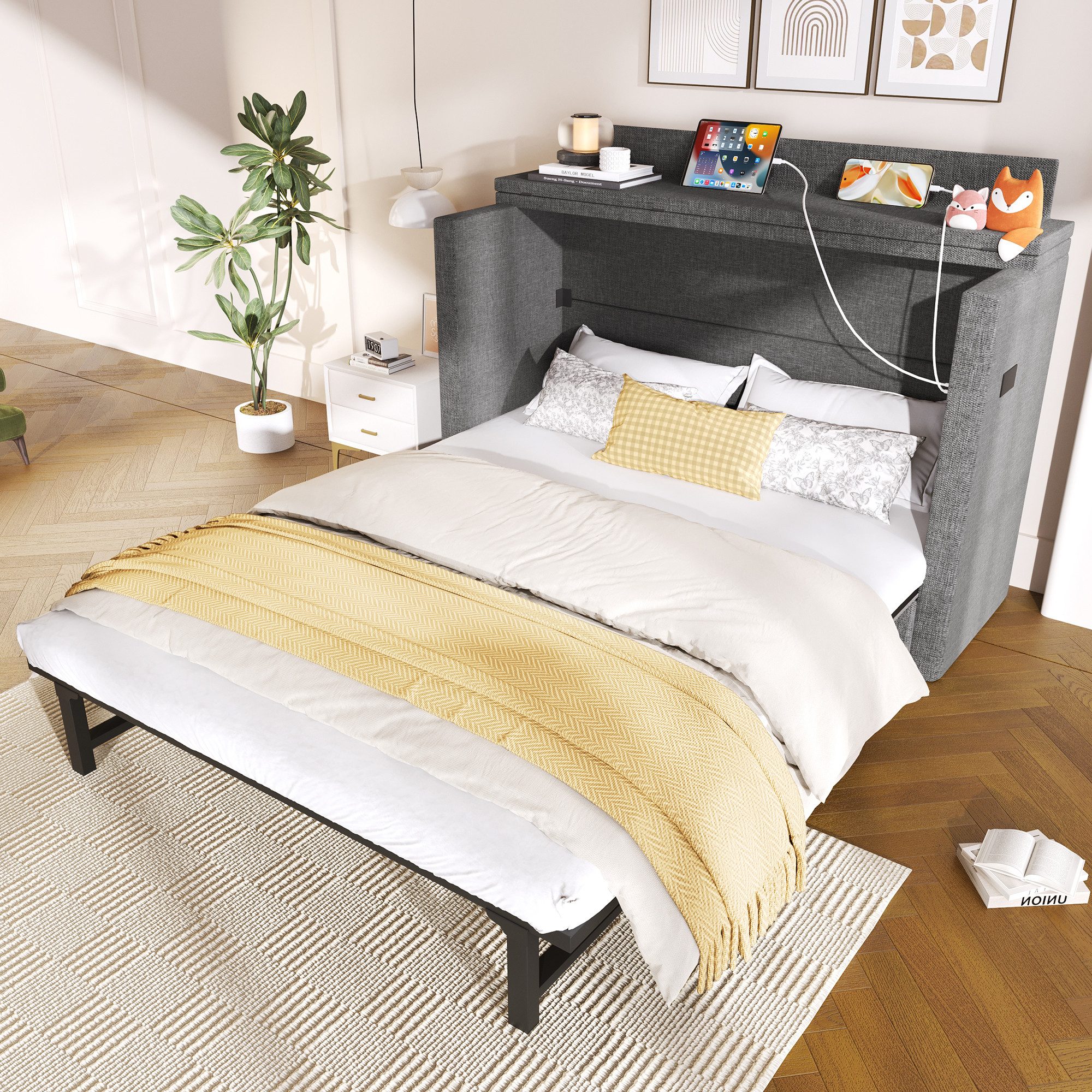 Odikalo Schrankbett 140x200 Polsterbett Jugendbett mit Stauraum & USB (140x200, Mit einer Schublade, Mobiles Schrankbett mit Ablagefach am Bett, mit USB- und Typ-C-Anschlüssen, Umbaubares Plattformbett, Ohne Matratze, Leinen, Grau)