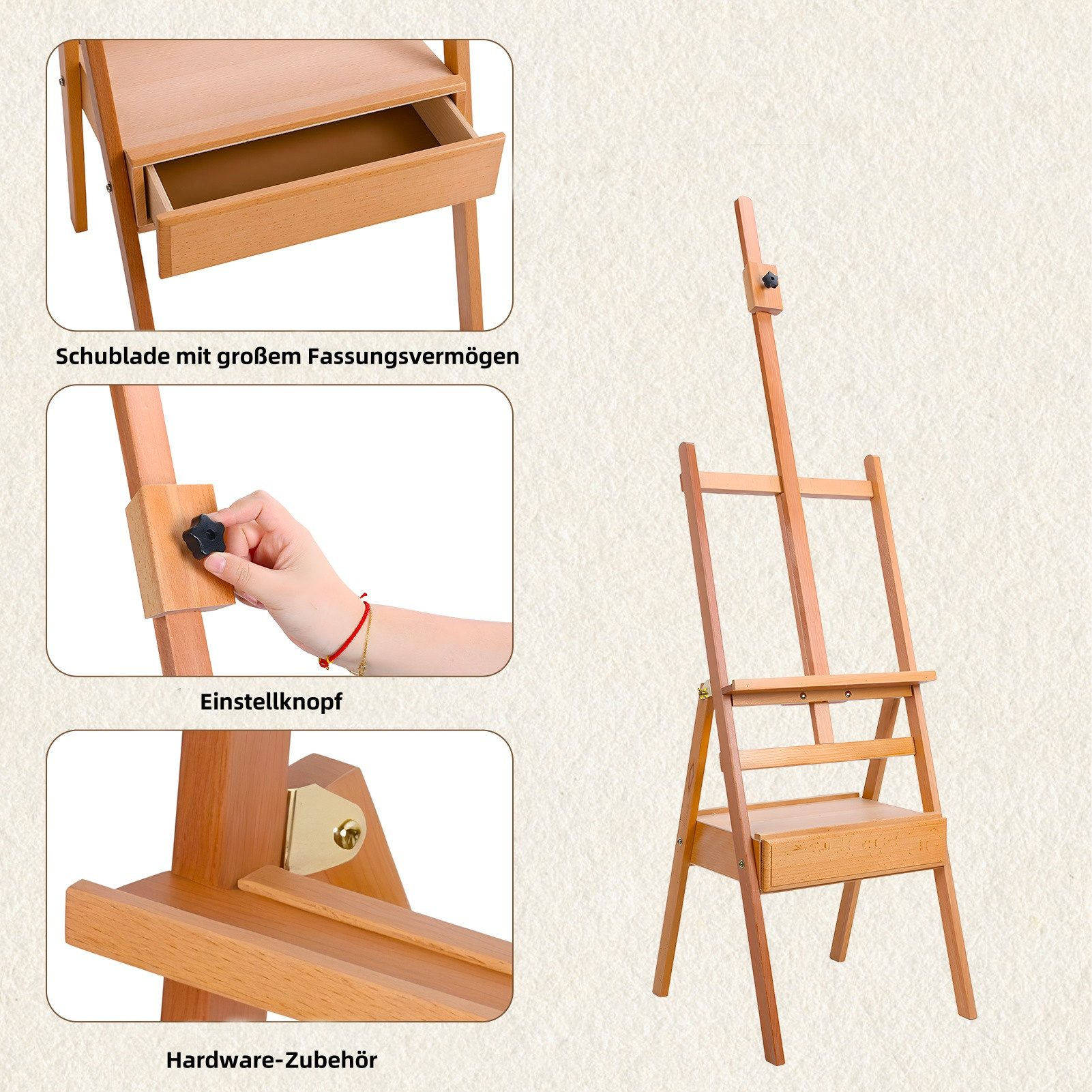 Rutaqian Staffelei H-Rahmen-Staffelei,mit Schublade,Staffelei aus massivem Buchenholz, neigbare flache Künstlerstaffelei, Höhenwinkel einstellbar