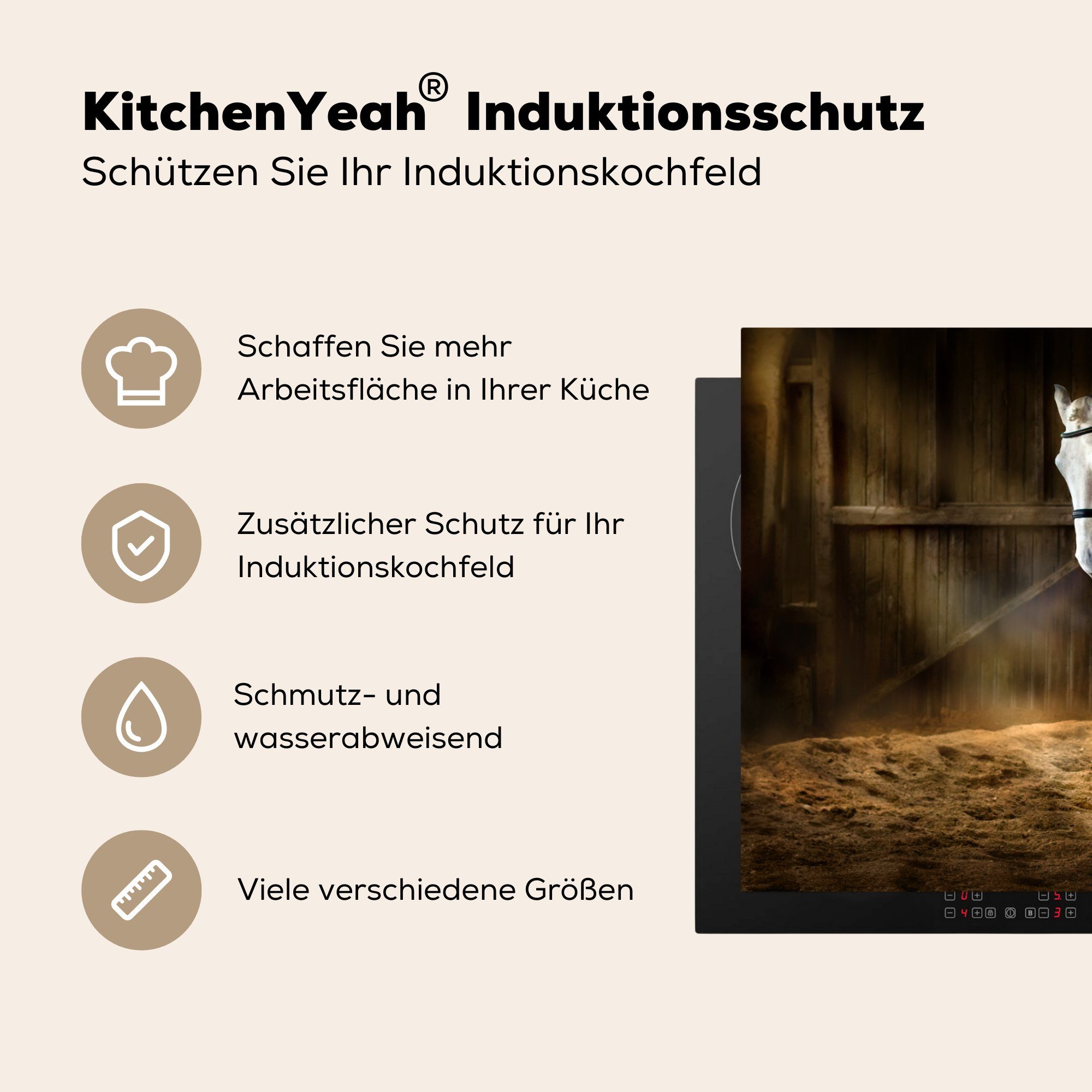 MuchoWow Herdblende-/Abdeckplatte Pferd - Licht tlg), (1 küche, Stall, Vinyl, 81x52 Schutz Induktionskochfeld - Ceranfeldabdeckung - die cm, für Heu