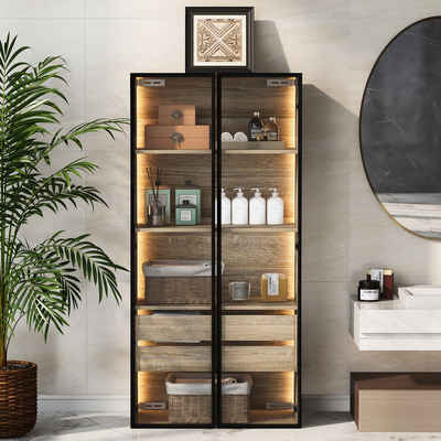 HIYORI Badmöbel-Set Badezimmerschrank mittel mit Lichtleiste 73 cm breit, mit 2 großen Schubladen und 2 Türen, Glastür