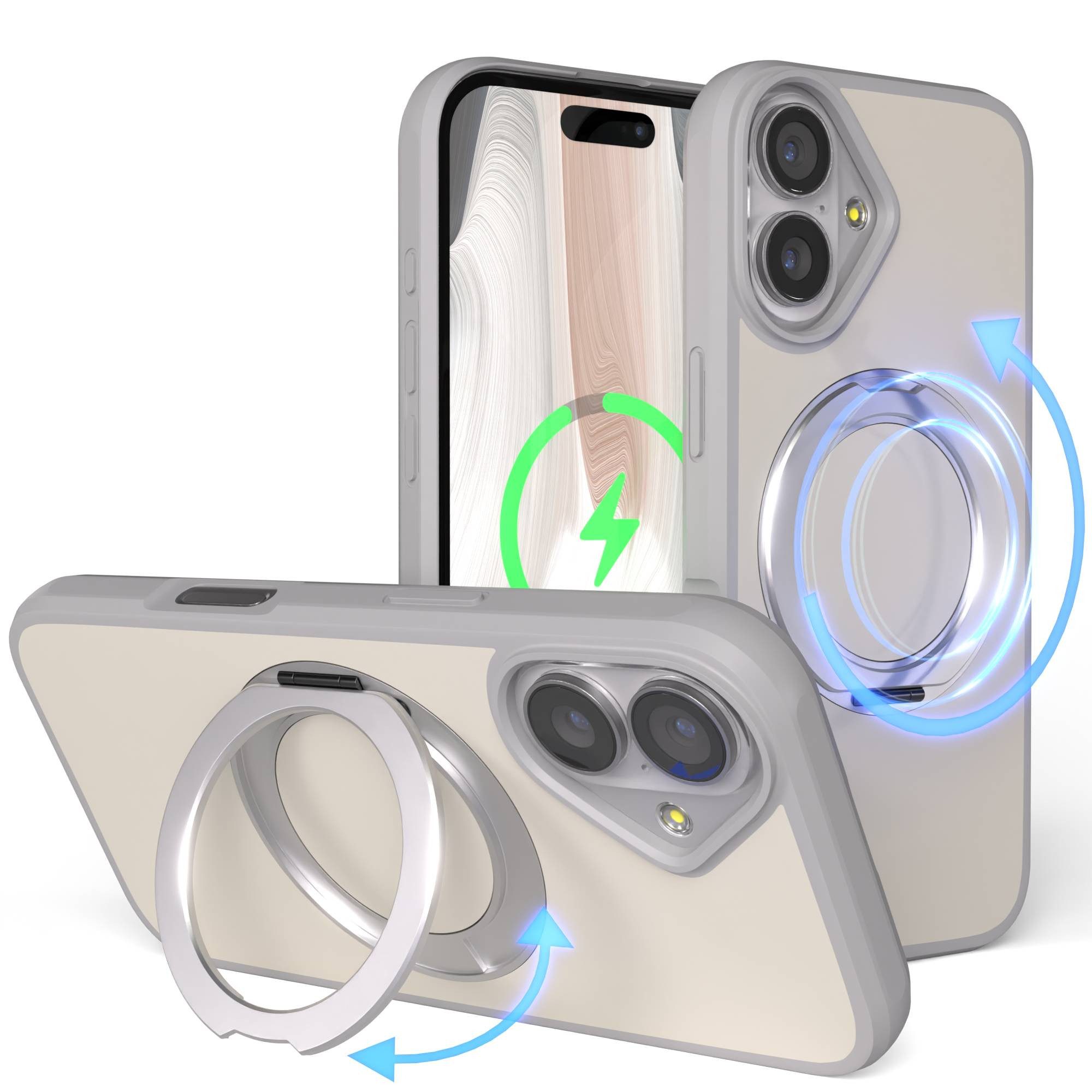 EAZY CASE Handyhülle Outdoor Apple iPhone 17 Case MagSafe Rotation Ring 6,3 Zoll, Moderne aufstellbare Handyhülle stoßfest Bumpercase kratzfest in Grau
