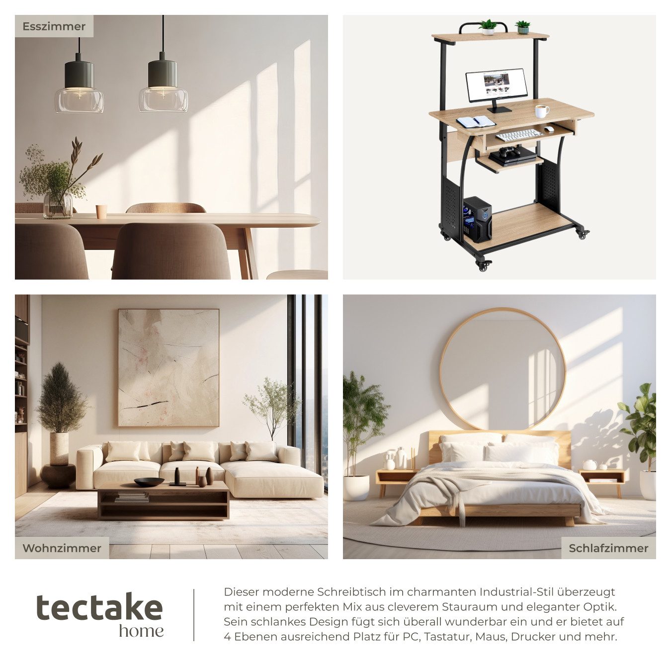 tectake Schreibtisch Bürotisch aus Holz und Stahl, 80 x 65,5 x 130,5 cm (Computertisch Fife, 1-St., in Industrial Holz hell, Eiche Sonoma), 3 Ebenen, einhängbar – Bild 5 von 5