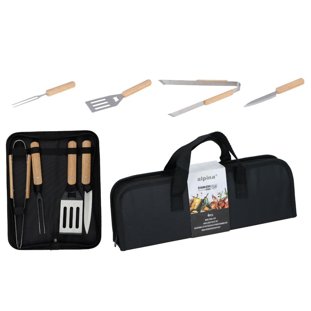 Alpina Grillbesteck-Set Alpina BBQ Toolset - 4-teiliges Set mit Aufbewahrungstasche