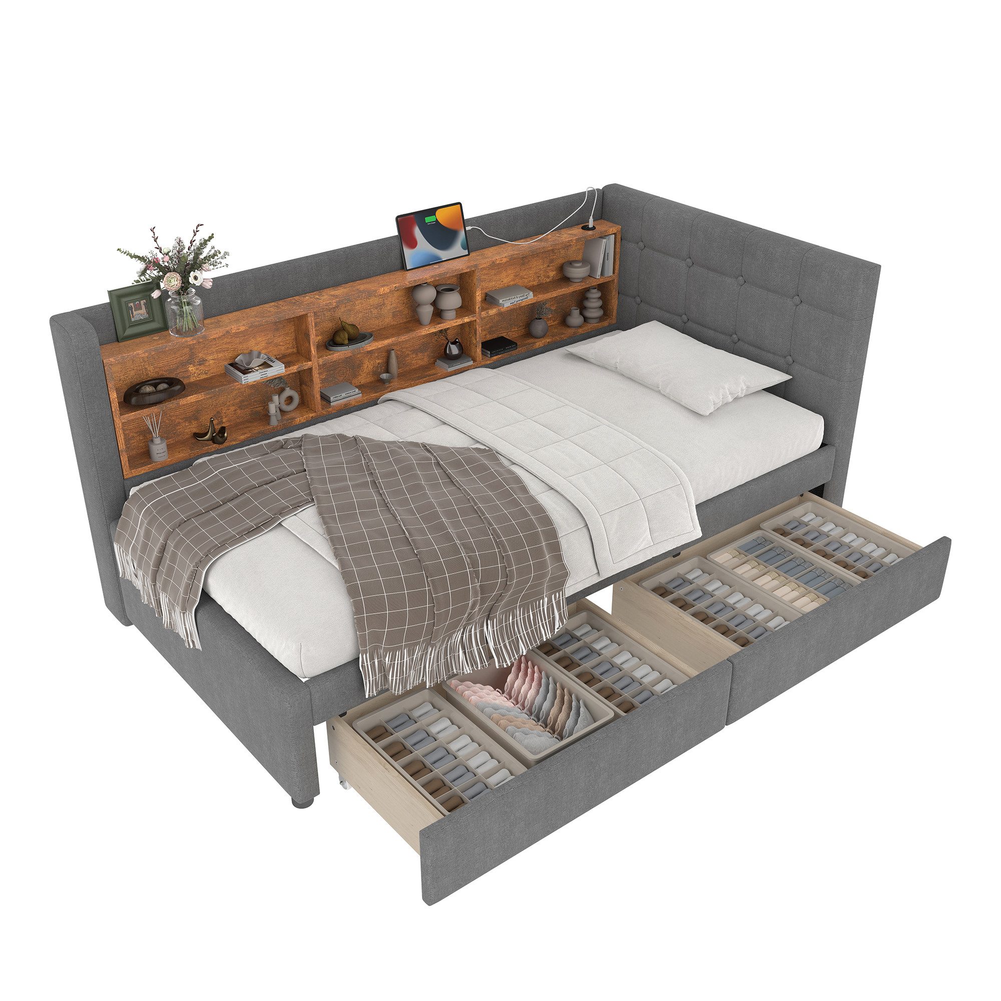 SOFTWEARY Stauraumbett (90x200 cm, Lattenrost, Schubladen, Regal, USB und T günstig online kaufen