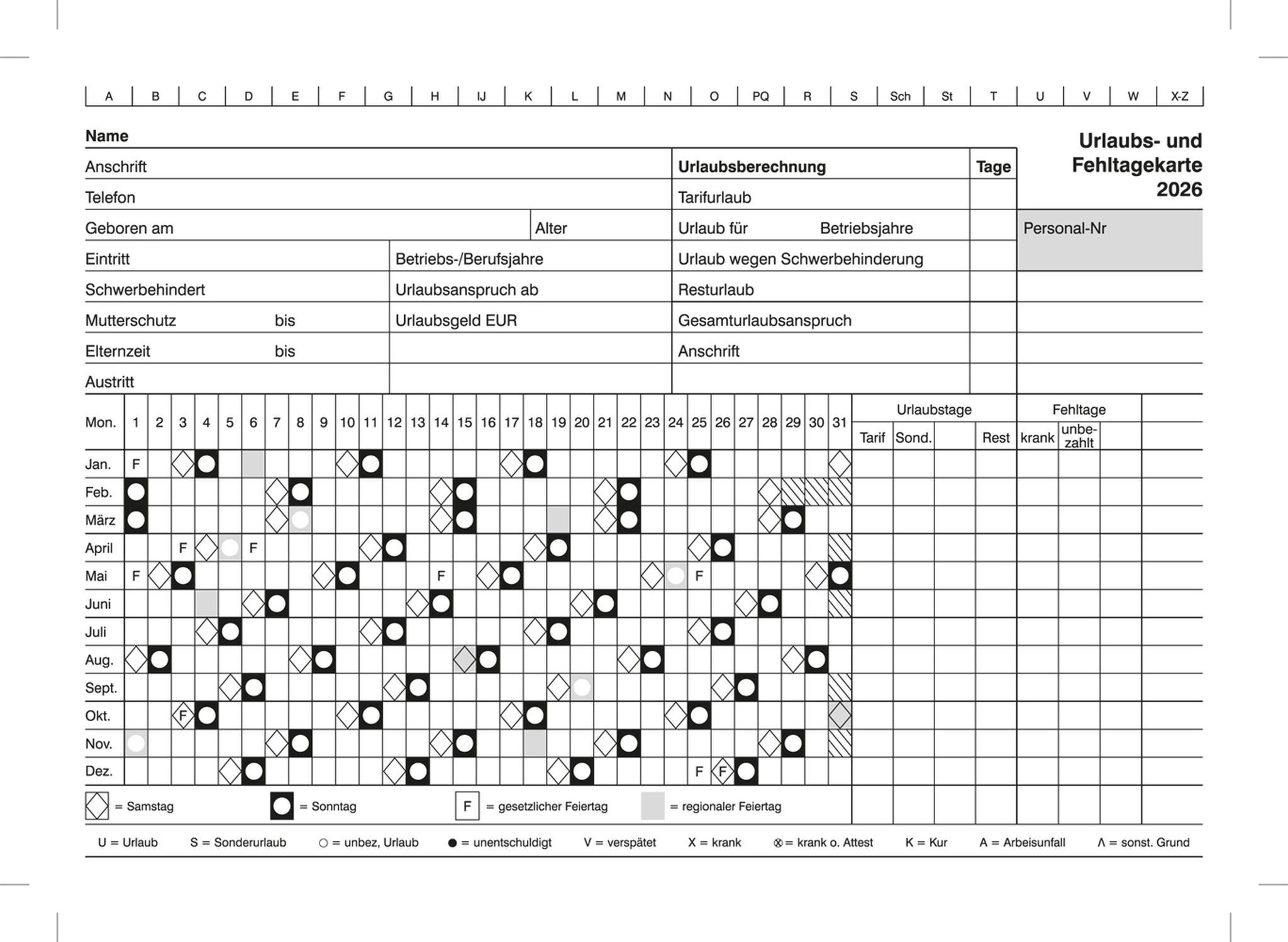 ADINA Formularblock 2026 ADINA Urlaubsanträge & Fehltagekarten A5 quer 10er Pack