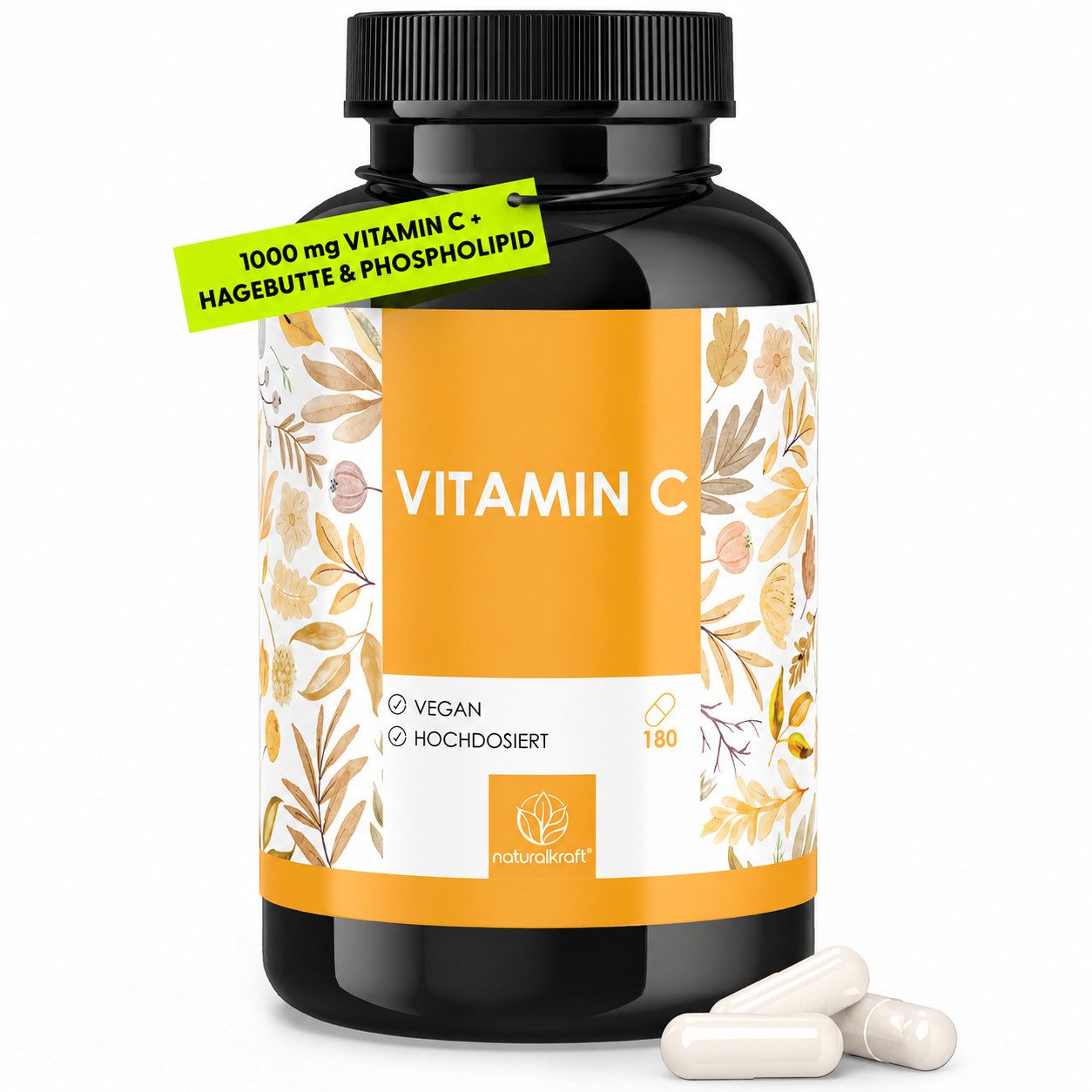 Naturalkraft Vitamin C 1000 mg – 180 vegane Kapseln, hoch bioverfügbar Kapseln, 144 g