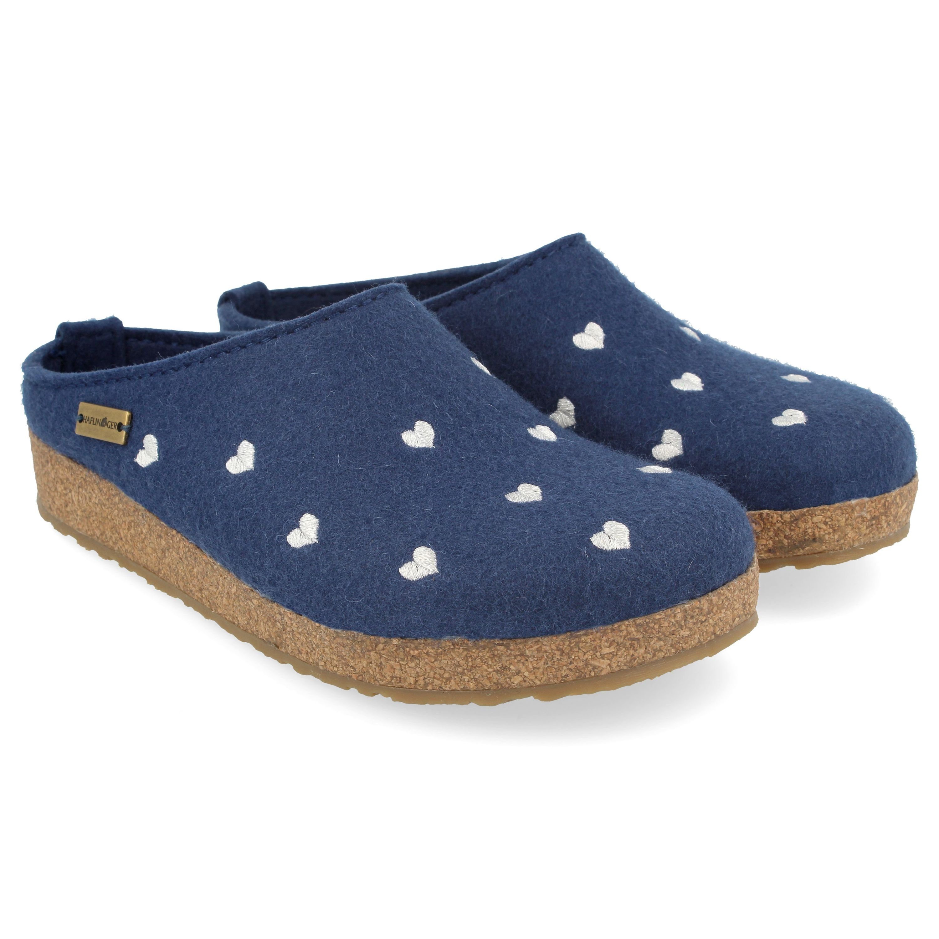 Haflinger Grizzly Cuoricino Filzclog aus reinem Wollfilz Unisex Herzmotiv Hausschuh Blaubeere