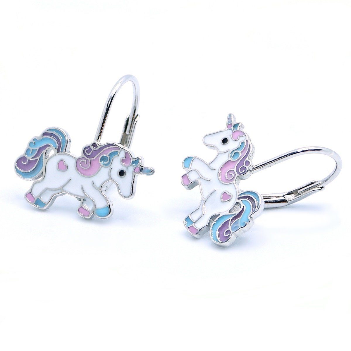 2 Paar Ohrstecker Set Ohrringe Mädchen Silber 925 mit Emaille Einhorn Pferd mit Flügel 